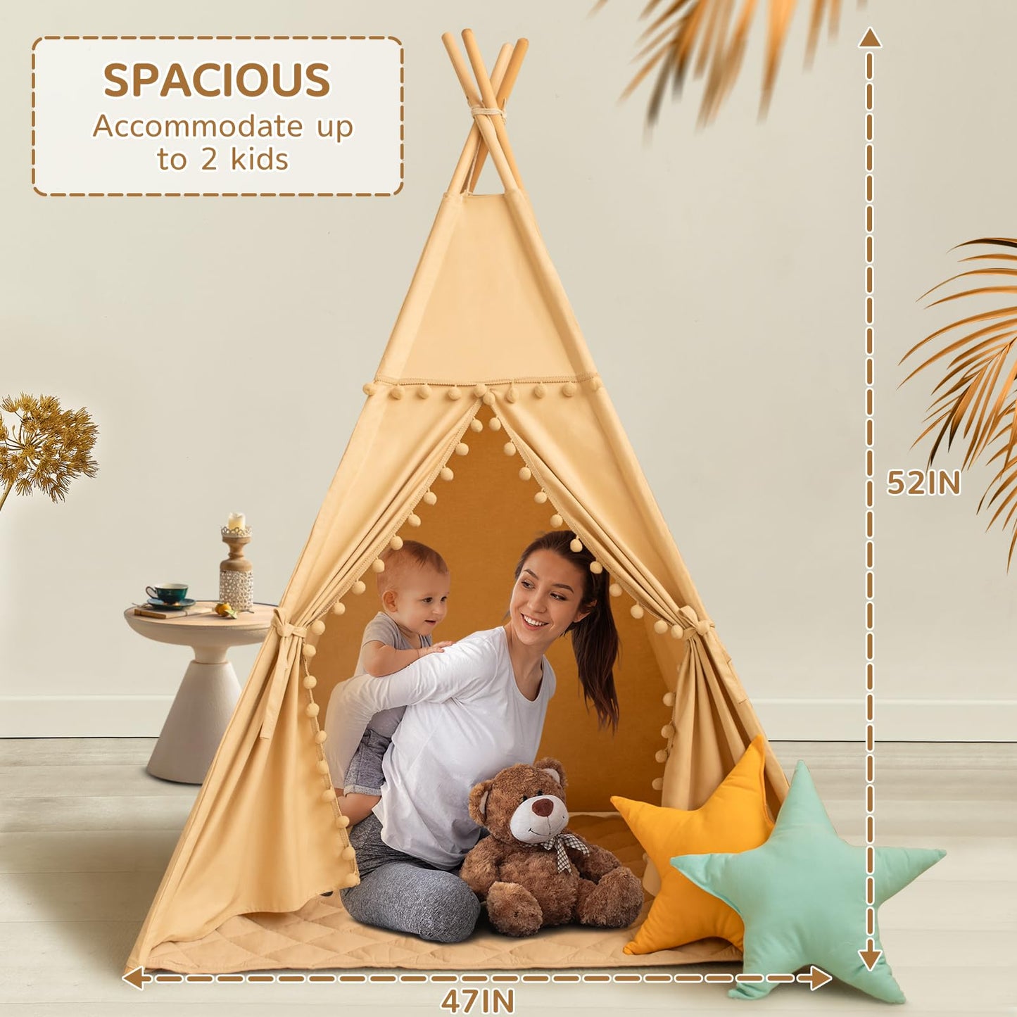 WIRHAO Teepee Tent for Kids with Mat, Cotton Canvas Kids Teepee with Pompom for Toddlers Indoor Play Tent for Girls Boys with St