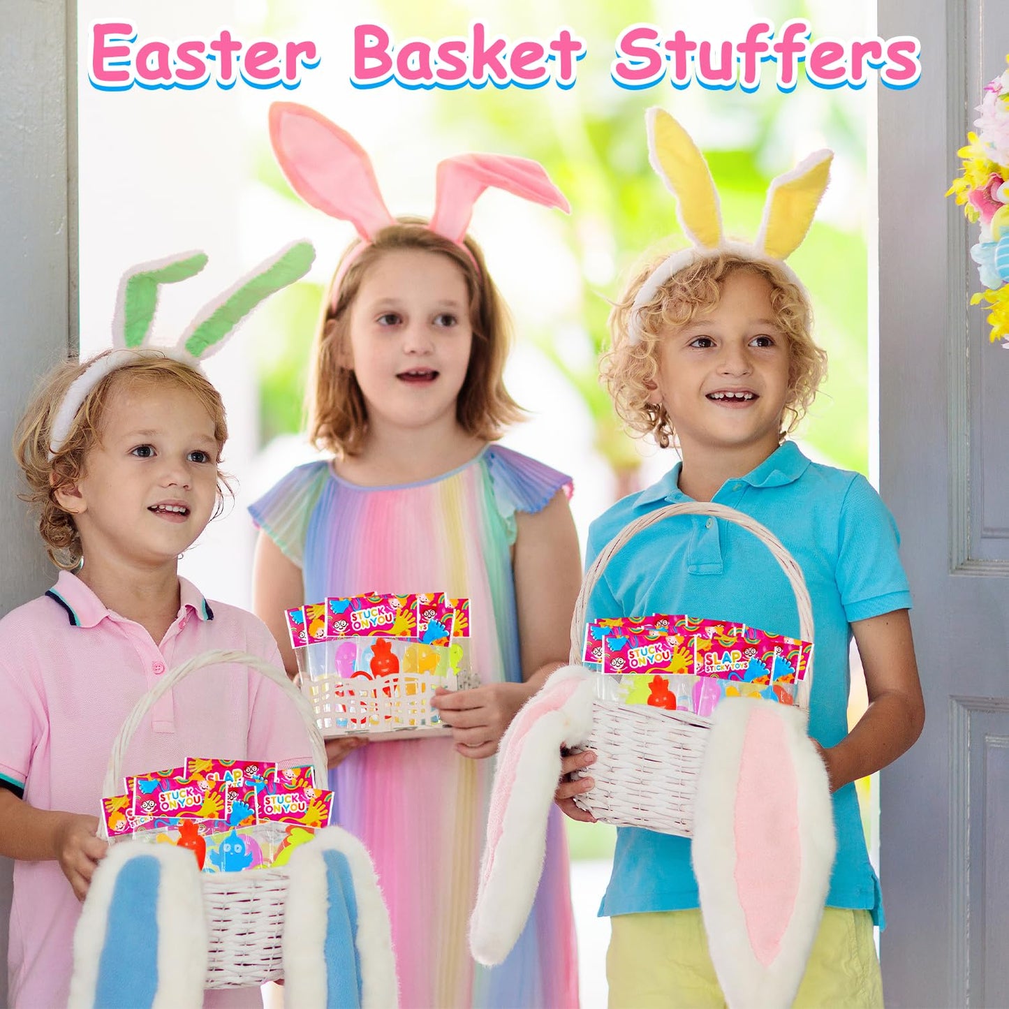 100 Pack Bulk Easter Classroom Gifts Non Candy Goodie Bags Pinata Easter Eggs Basket Stuffers Fillers for Kids, Easter Sticky Ha