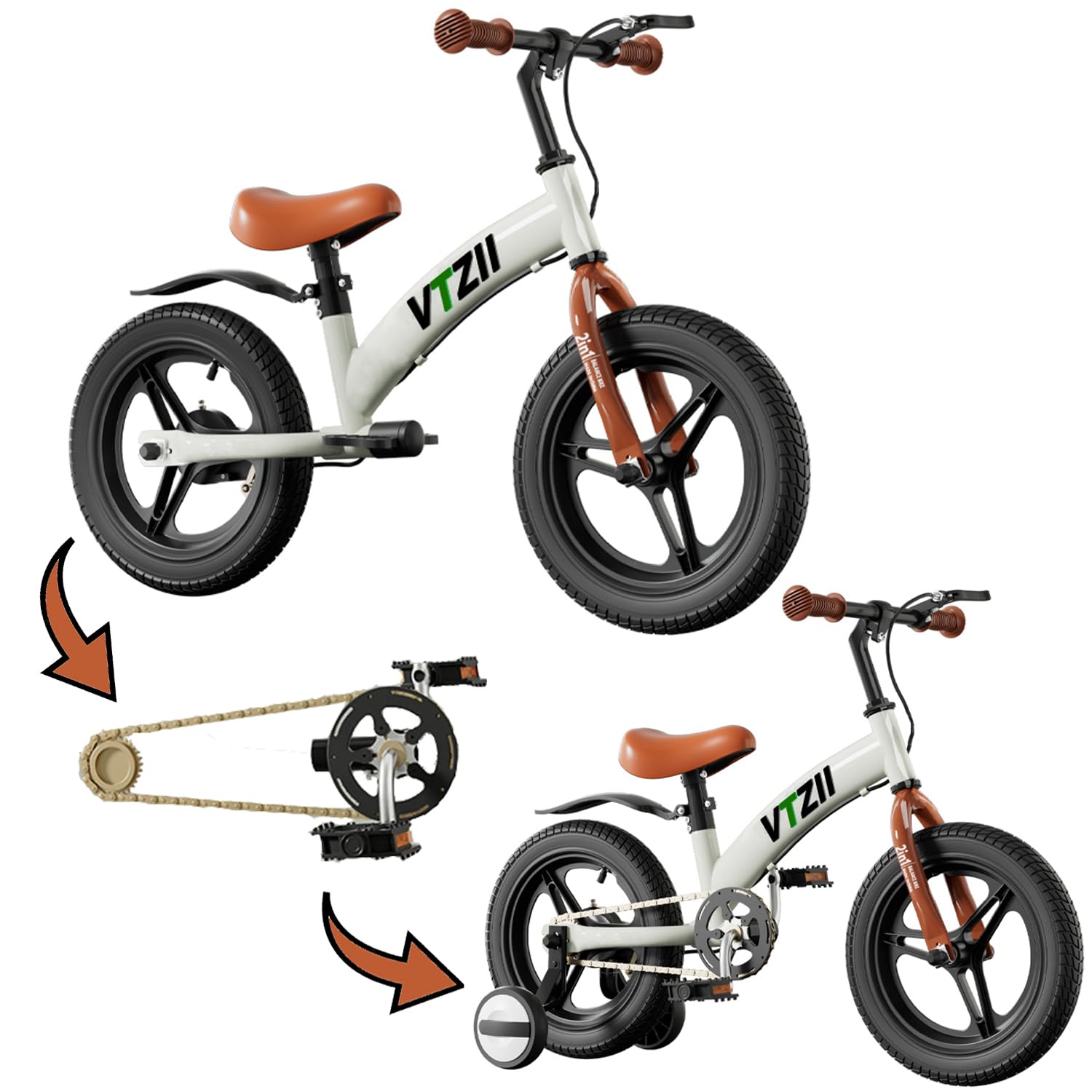 2 in 1 balance and pedal bike VTZII Balance Bike 2-in-1 with Pedals, Brake, Training Wheels, 14 inch, White, for Kids 2-7 Years Old