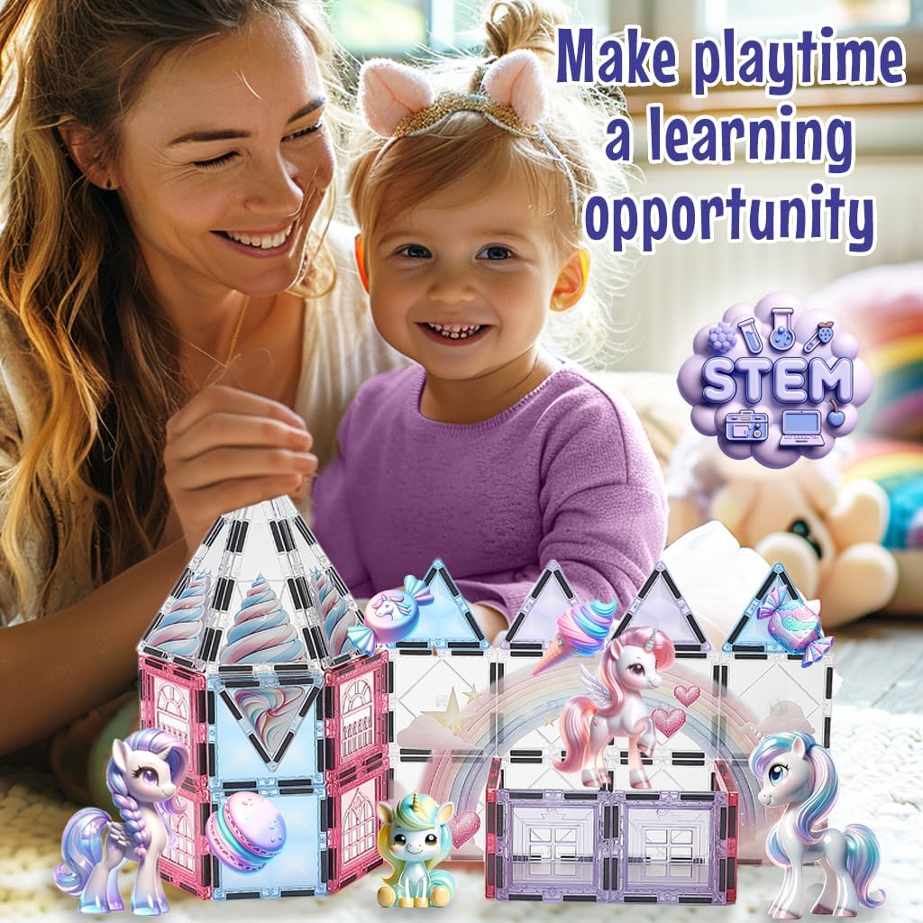 Little Pi Unicorn Toys For Girls Age 4-6 - Unicorn Magnetic Tiles Frozen Toys For Girls Age 4-7 - 3 Year Old Girl Gifts 4 Year Old Girl Birthday Gifts Magnetic Blocks Age 3 4 5 6 7 8