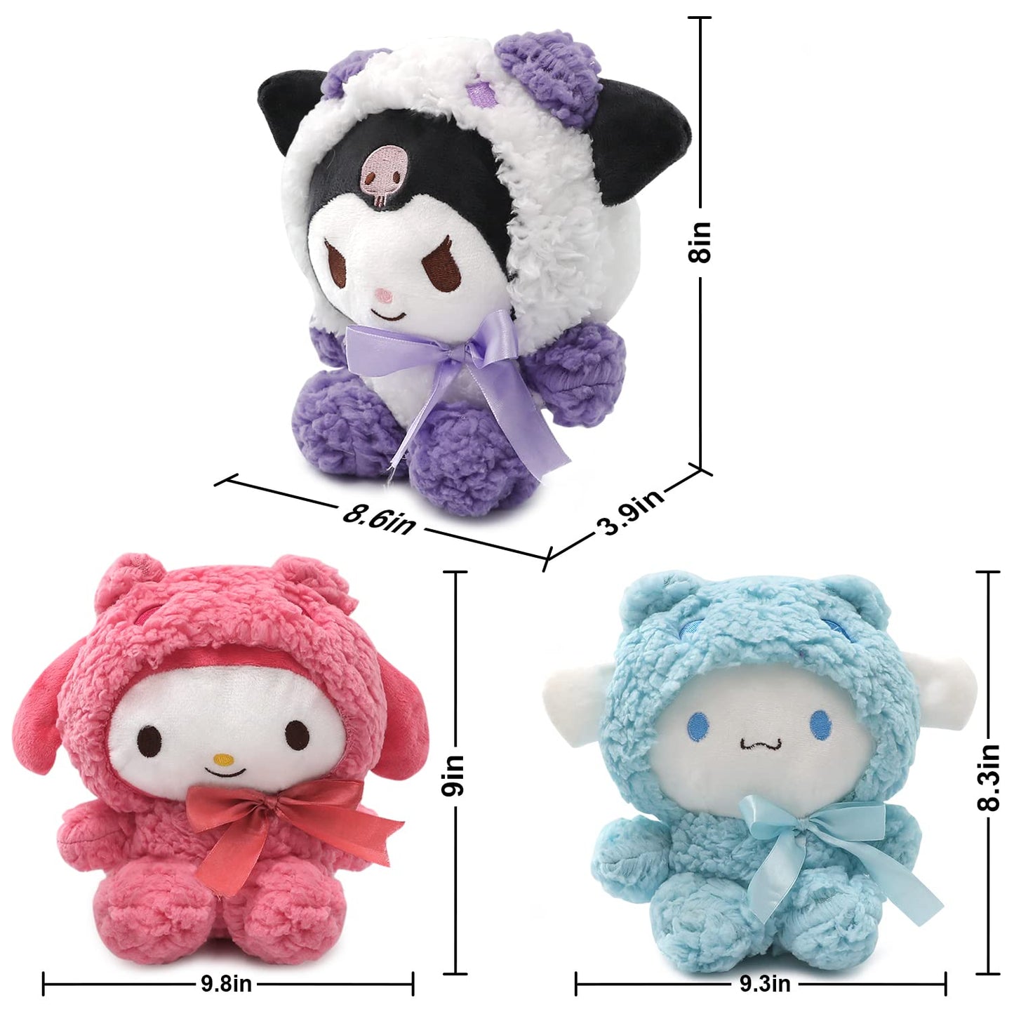 Maikerry 8' Plushies: Cinnamon, Kuroumi And My Melo Plush Toy, Cross-Dressed Panda Stuffed Animal Doll, Cute Cartoon Anime Plush Gift For Girls Teens Fans Birthday Decoration(3Pcs)
