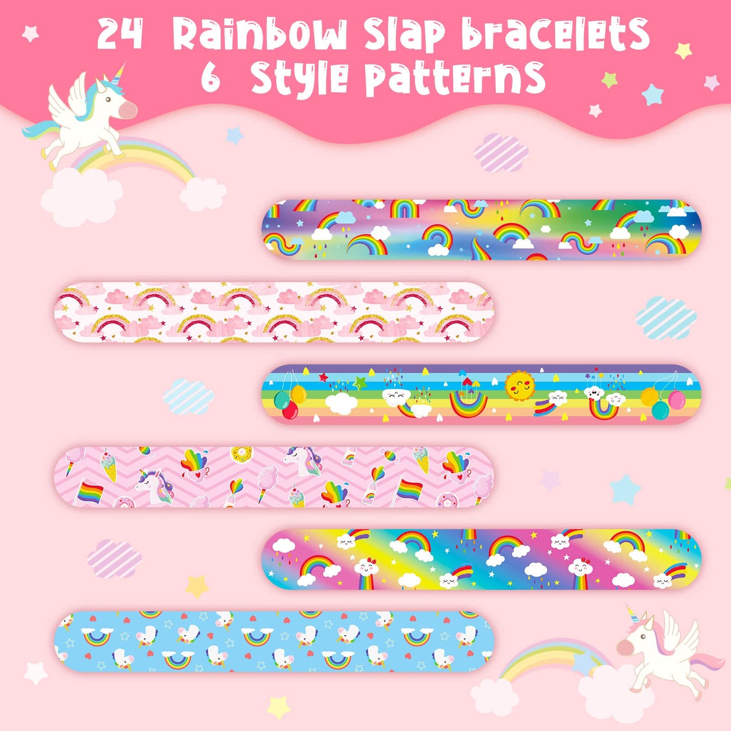 Junkin 24 Pcs Rainbow Party Favor Rainbow Slap Bracelets for Kids Wristbands Bracelets Cloud Party Favor Unicorn Rainbow Party D