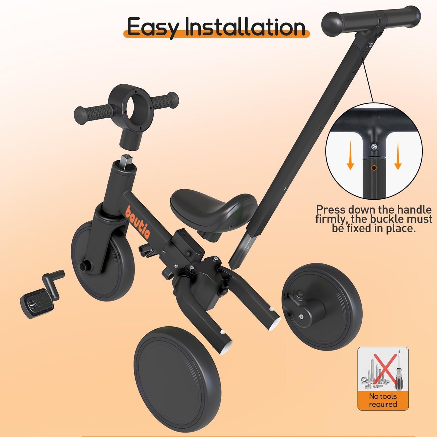 Bautia Tricycle for Toddlers 1-3 with Push Handle, 5 in 1 Baby Balance Bike for 1-4 Years Old Kids Toy, Boys Girls Bicycle Gift