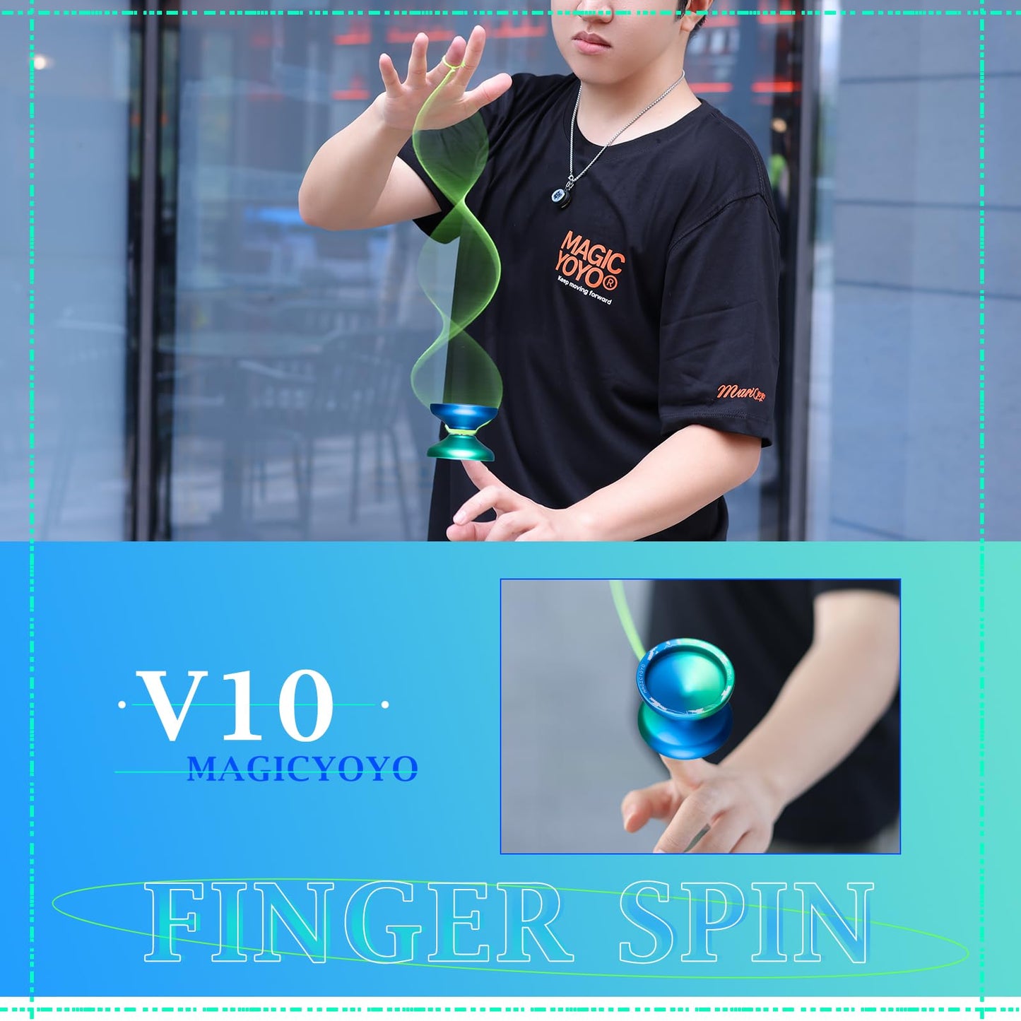 Magicyoyo V10 Blue Green Unresponsive Yoyo Professional Finger Spin Yoyo With 12 Yoyo Strings, Yoyo Case, Yoyo Glove