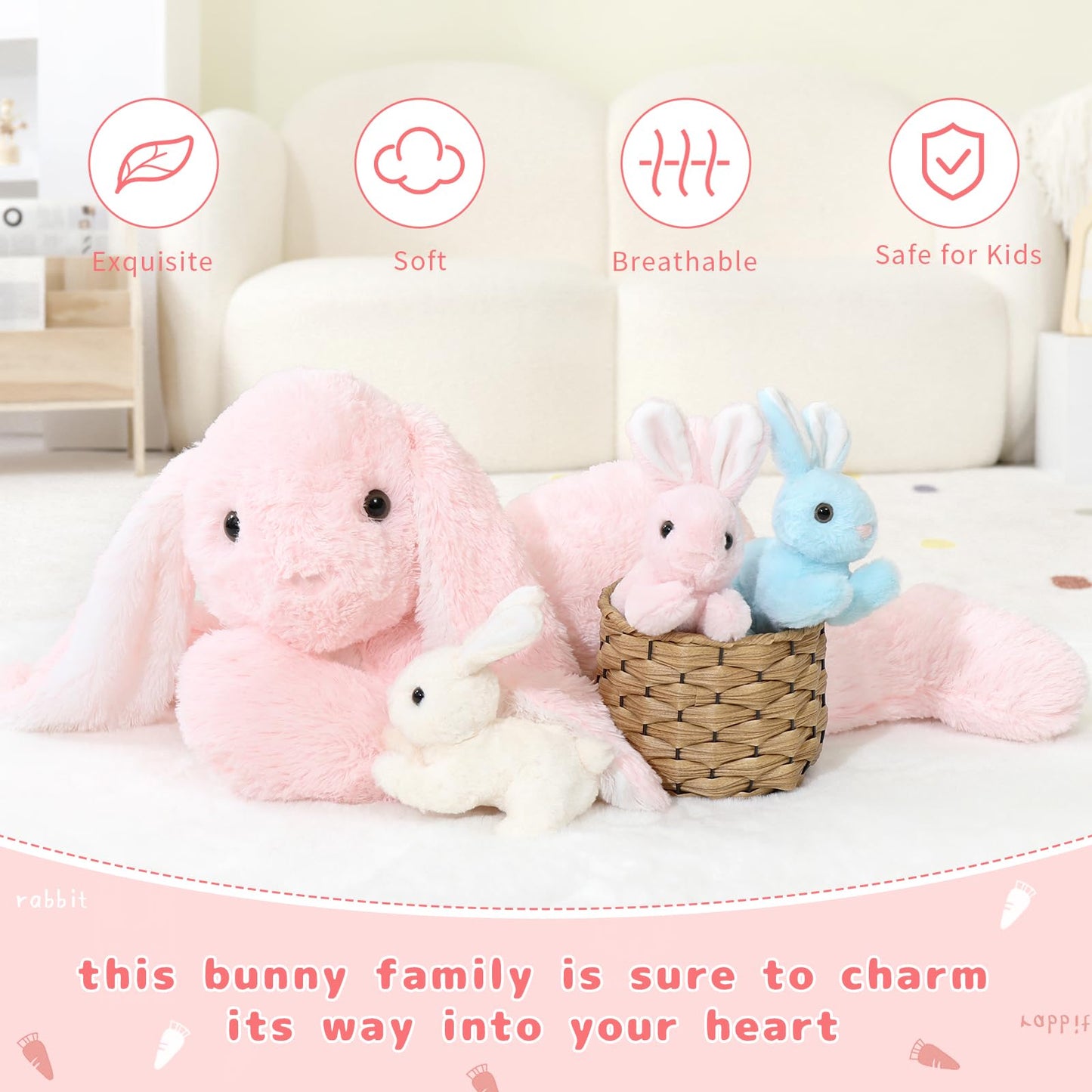 BENINY Big Pink Bunny Stuffed Animal - Large 24" Plush Toy with 3 Babies Inside - Perfect Easter Gift for Girls and Babies