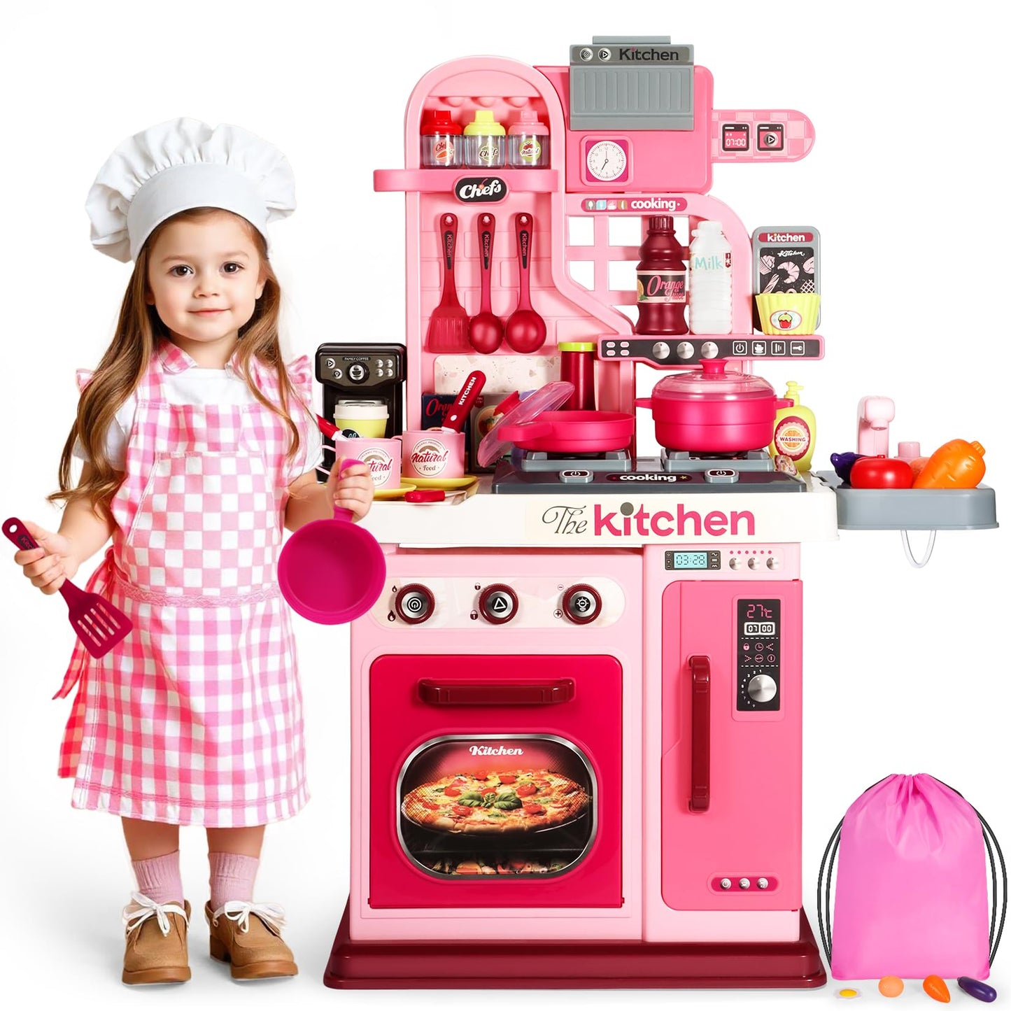DRAMATION Kids Kitchen Playset, 27.1 Inches Play Kitchen with Sound and Light, Kitchen Set for Toddlers 1-3 3-5, Cooking Stove,