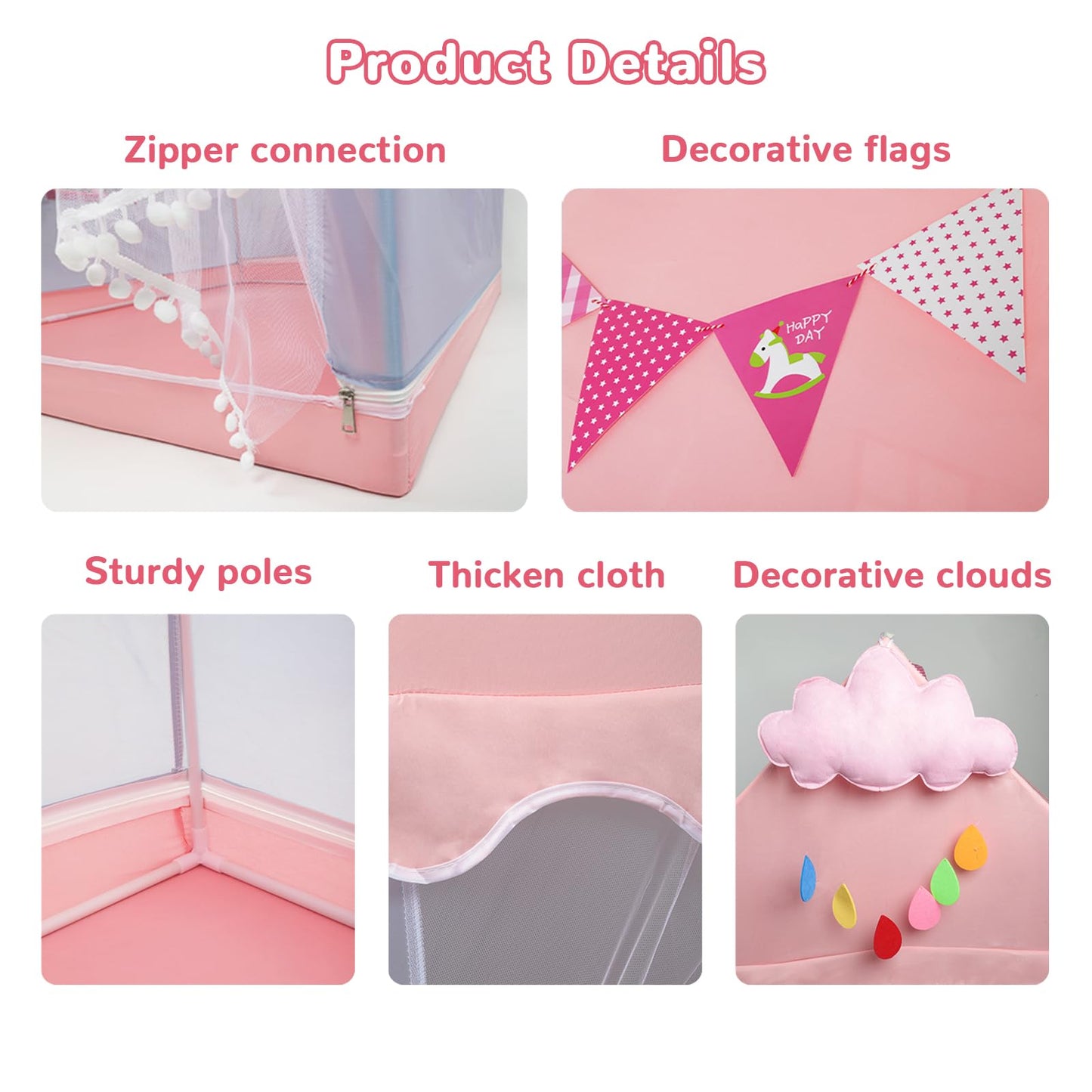 Kids Tent Play Tents For Toddler Children Indoor And Outdoor Large Pink Girls Princess Playhouse Castle With Windows Clouds And