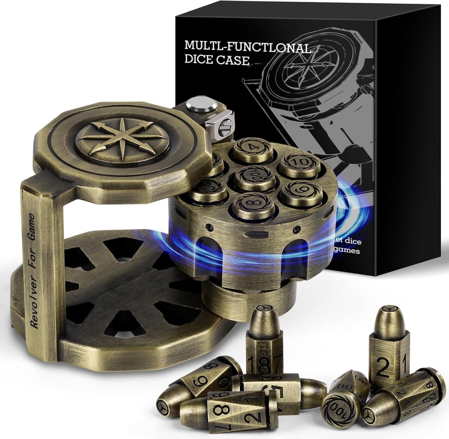 Metal Dice Set for DND with Spinning Revolver Shaped Dice Holder, Polyhedral Bullet Dice Set of 7, Gift for Dungeons and Dragons