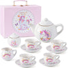 Tacobear Porcelain Tea Set for Girls Toys Unicorn Gift, 13pcs Tea Party Set with Teapot & Cup & Saucer & Suitcase, Kid Kitchen P