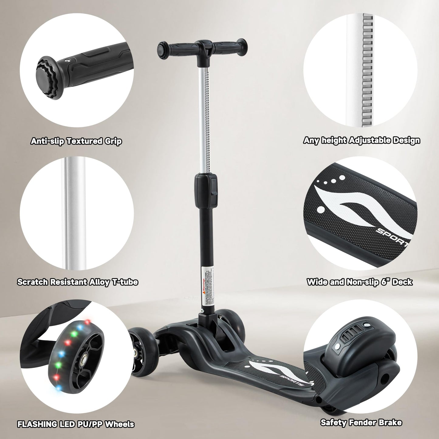 Glamup Kick Scooter Adjustable Height Adjustable Handlebar,Kids Scooter 3 Wheel With Led Lights,Suitable Kids Ages 2,Ages 6,Ages