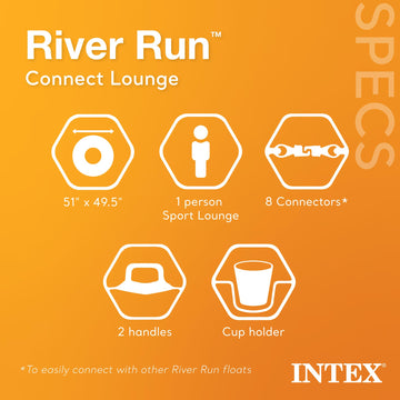 Intex River Run Connect Inflatable Lounge with Backrest & Cup Holder, 51" x 49.5", Blue, Model 58854EP, 220lb Capacity