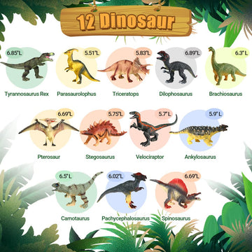 OENUX Dinosaur Toys Playset - 12pcs Realistic Plastic Figures with Educational Booklet for Kids Age 3-7, Multicolor