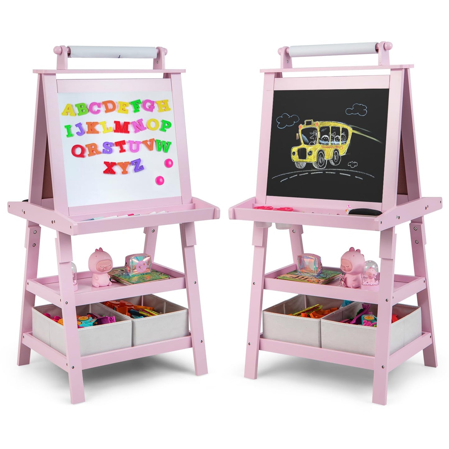 Honey Joy Art Easel For Kids, 3-In-1 Double-Sided Wooden Toddler Easel W/Magnetic White Board & Chalkboard, Paper Roll, 2 Storage Bins, Painting Dry Erase, Kids Easel For Boys Girls Aged 3+ (Pink)