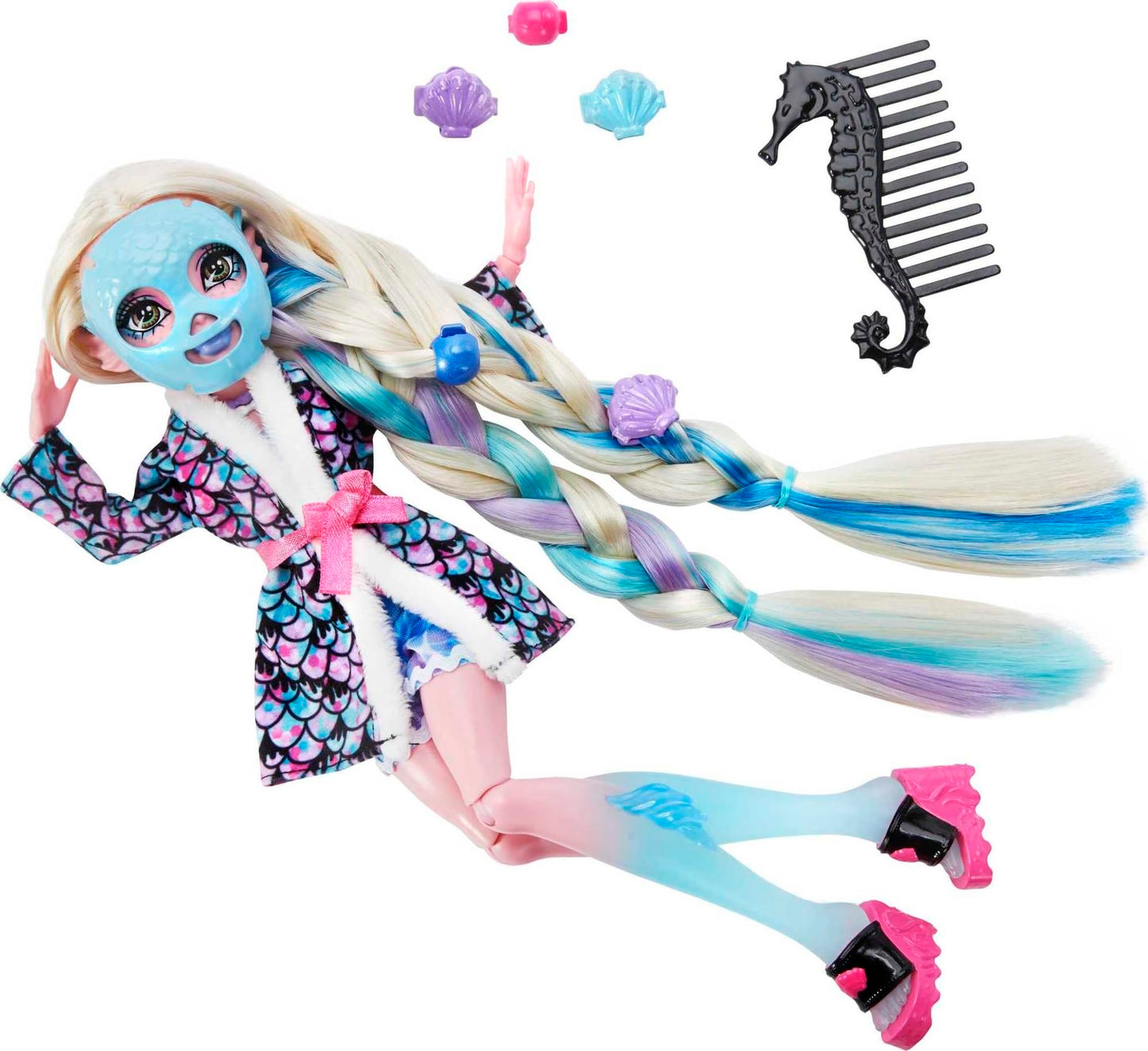Monster High Lagoona Blue Doll Spa Day with Hair Clips, Chalk & Tattoos, Piccolo Size, Blue/Purple, Model HKY69