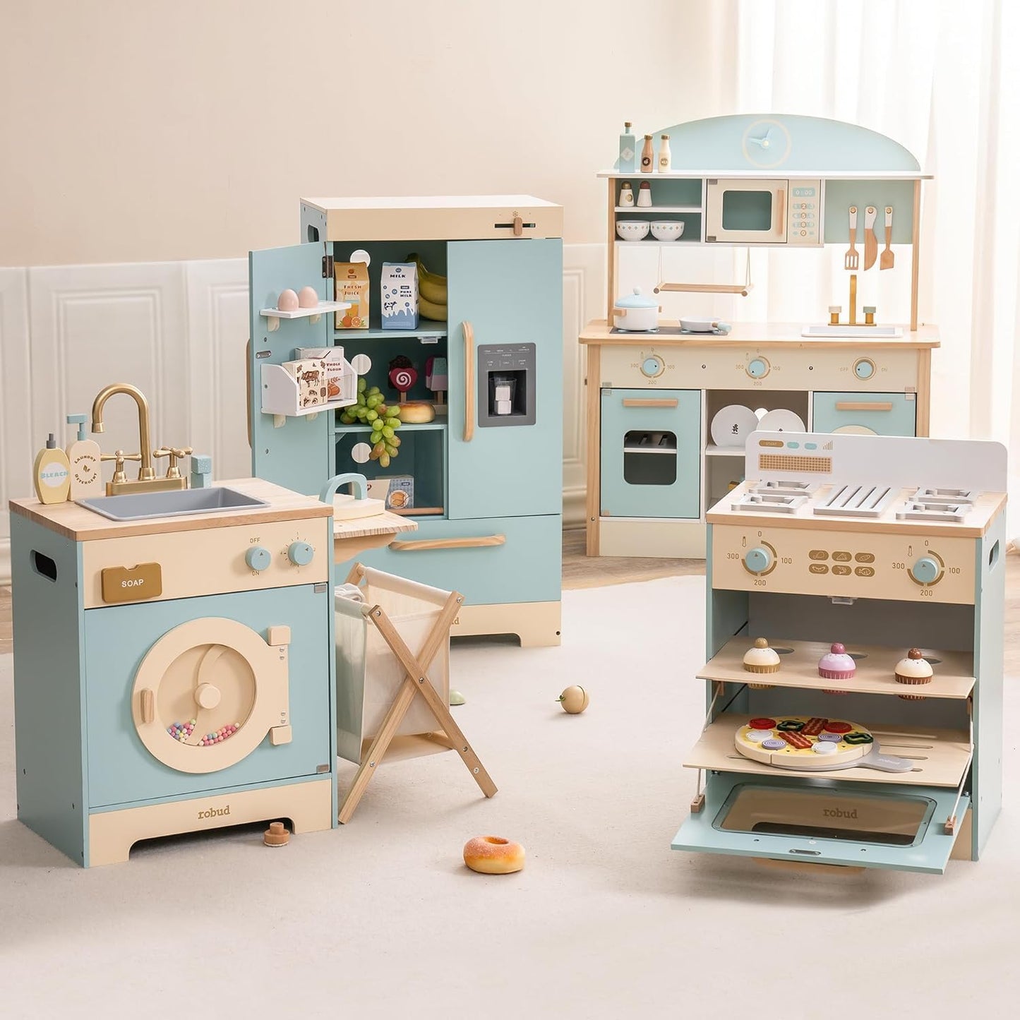 ROBOTIME Wooden Toddler & Kids Kitchen Playset, Wooden Kitchen Toy Playset with Oven, Fridge and Washing Machine, Wooden Kitchen