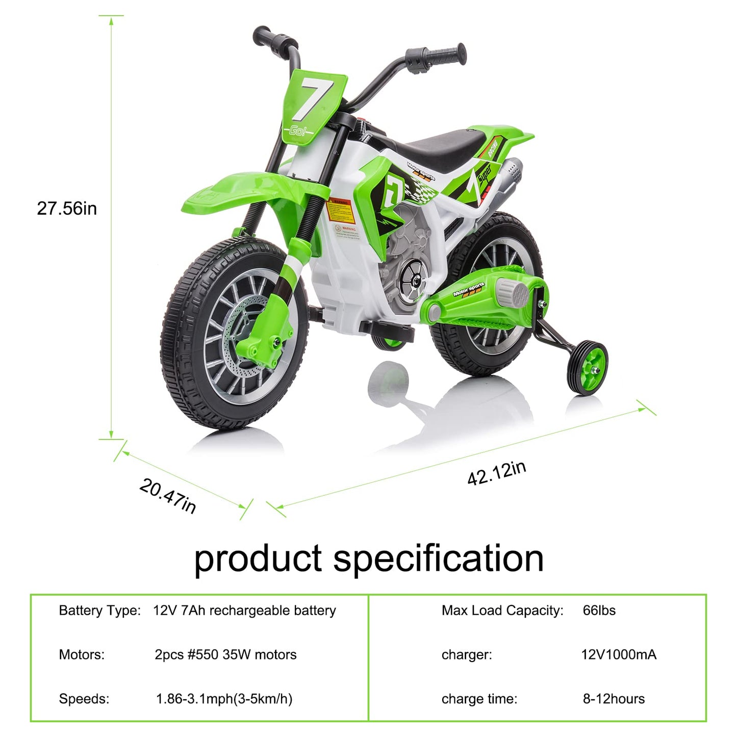 Fierton 12V Kids Motorcycle Electric Dirt Bike Battery Powered Ride On Motorcycle Toy for Toddler w/Detachable Training Wheels H