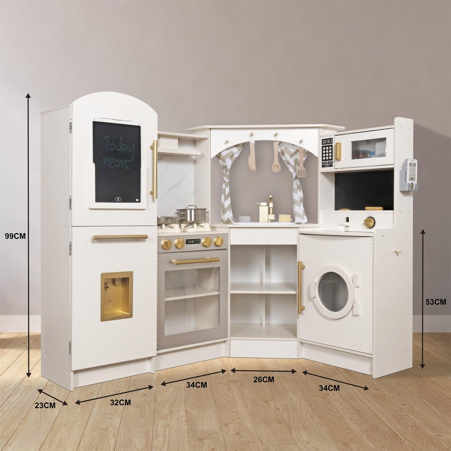 Large Wooden Corner Play Kitchen Sets With Ice Maker,Water Dispenser,Bread Maker,Washing Machine,Electronic Display,Toy Sink Wit