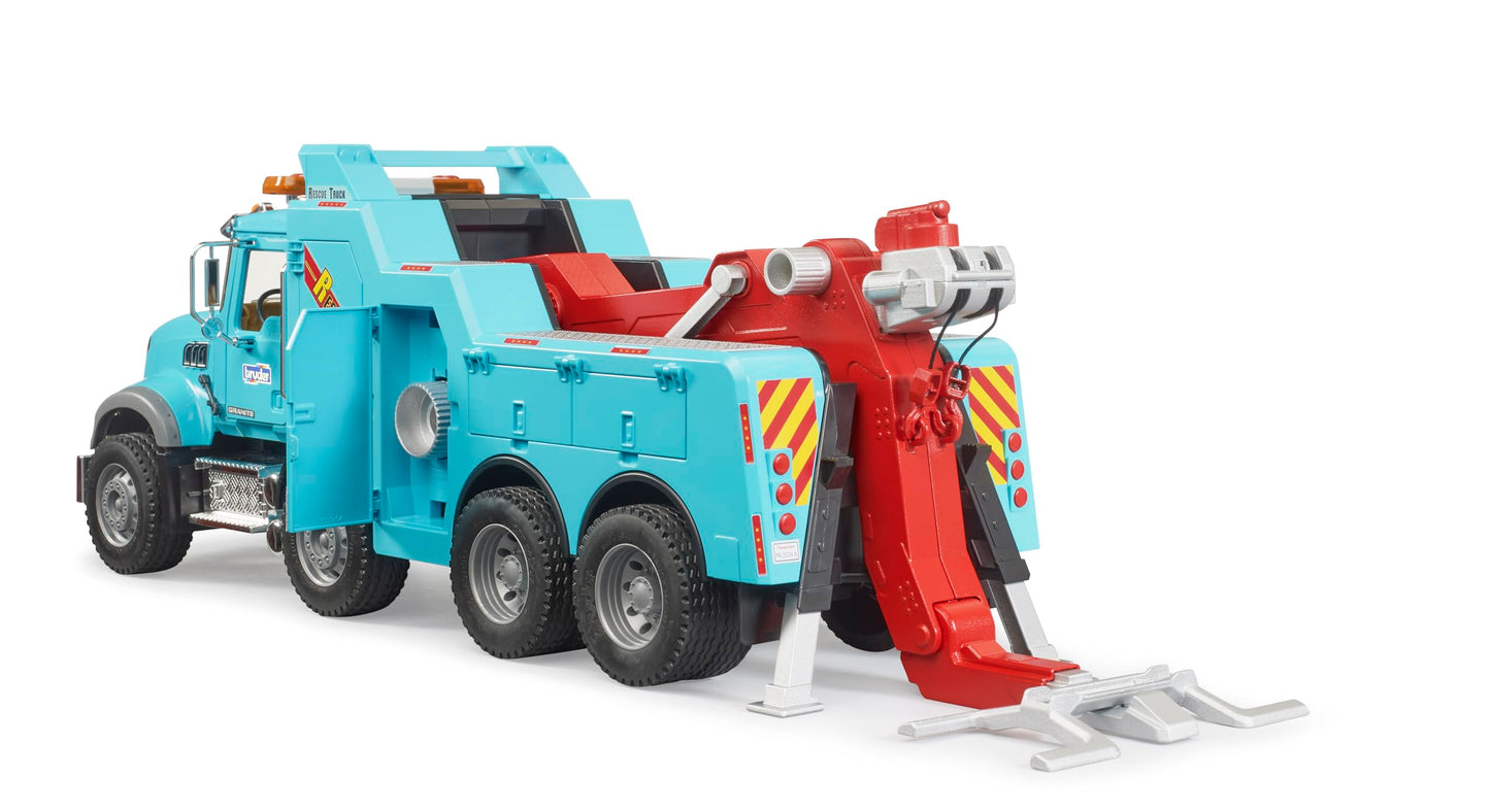 Bruder Mack Granite Heavy Rescue Wrecker Tow Truck with Light & Sound, 26.5" Blue, Plastic, Model 02831