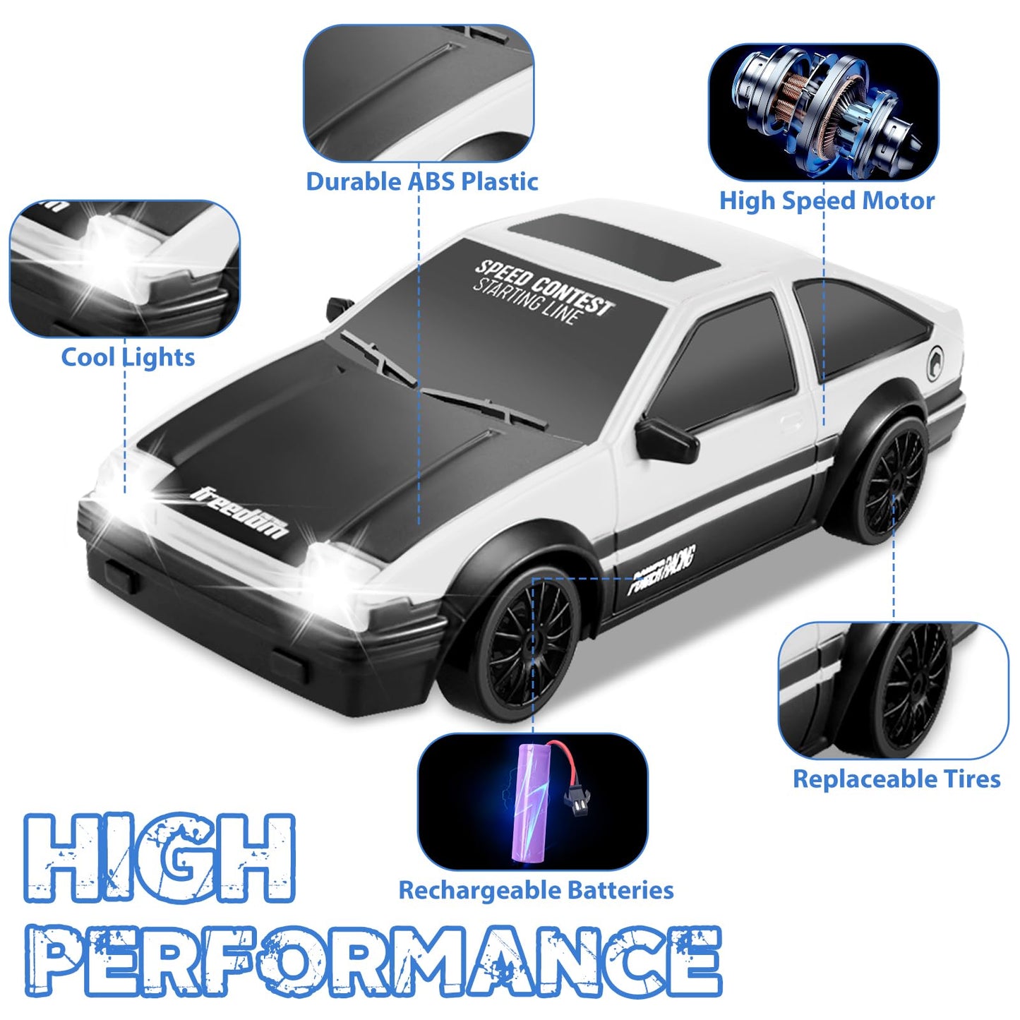 YUAN PLAN Remote Control Car RC Drift Car, 1/24 RC Car 2.4GHz 4WD RC Drift Racing Car High Speed RC Cars with Cool Lights, Recha