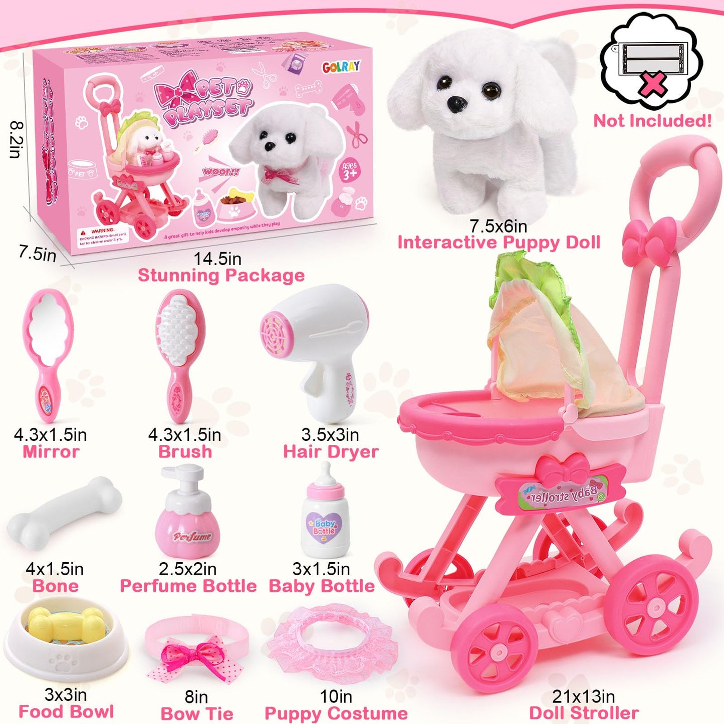 Golray Dog Toys For Kids Girls, Stroller & Electronic Interactive Stuffed Dog Plush Can Walk Bark, 10 Pcs Toddler Girl Toy Dog Puppy Pet Care Pretend Play Set, Birthday Gifts For Little Girl 3 4 5 6 7