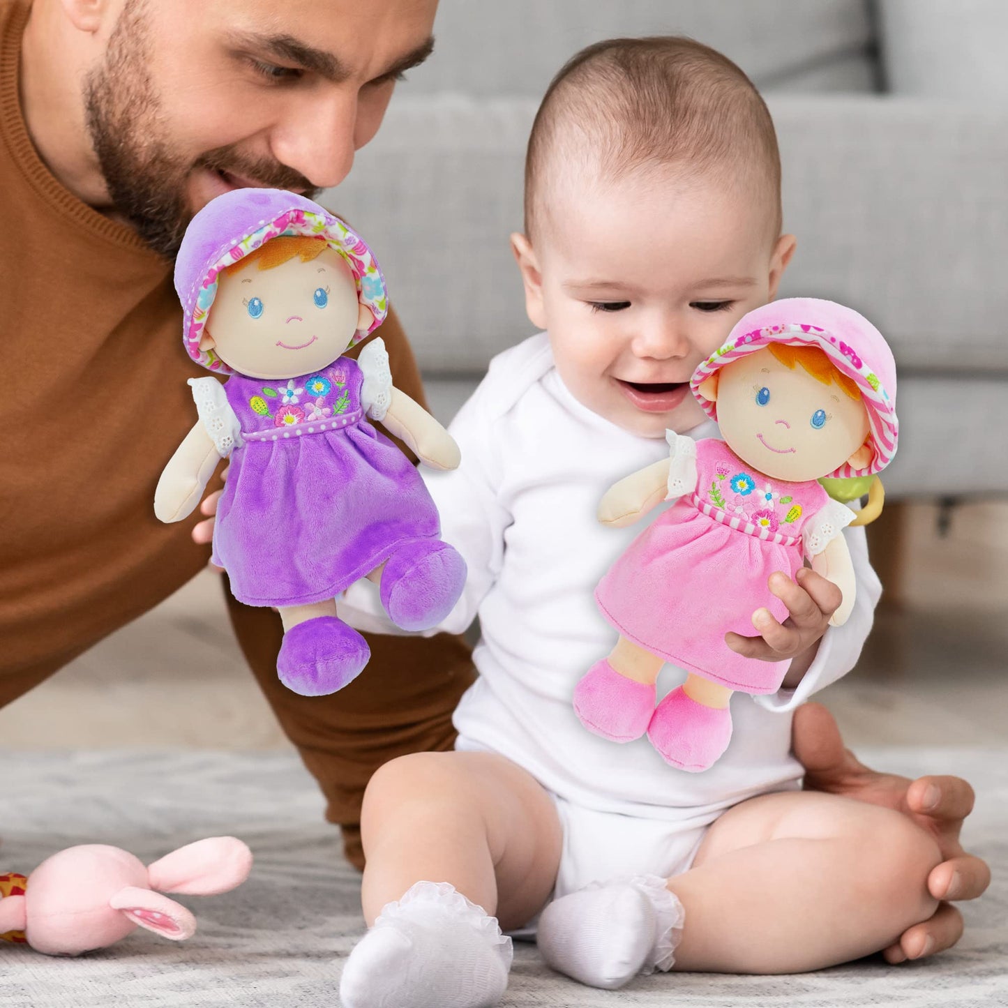June Garden 12'' Soft Dolly Malorie - Stuffed Soft Baby Doll Gift For 1 2 3 Year Old Girls - Pink Dress