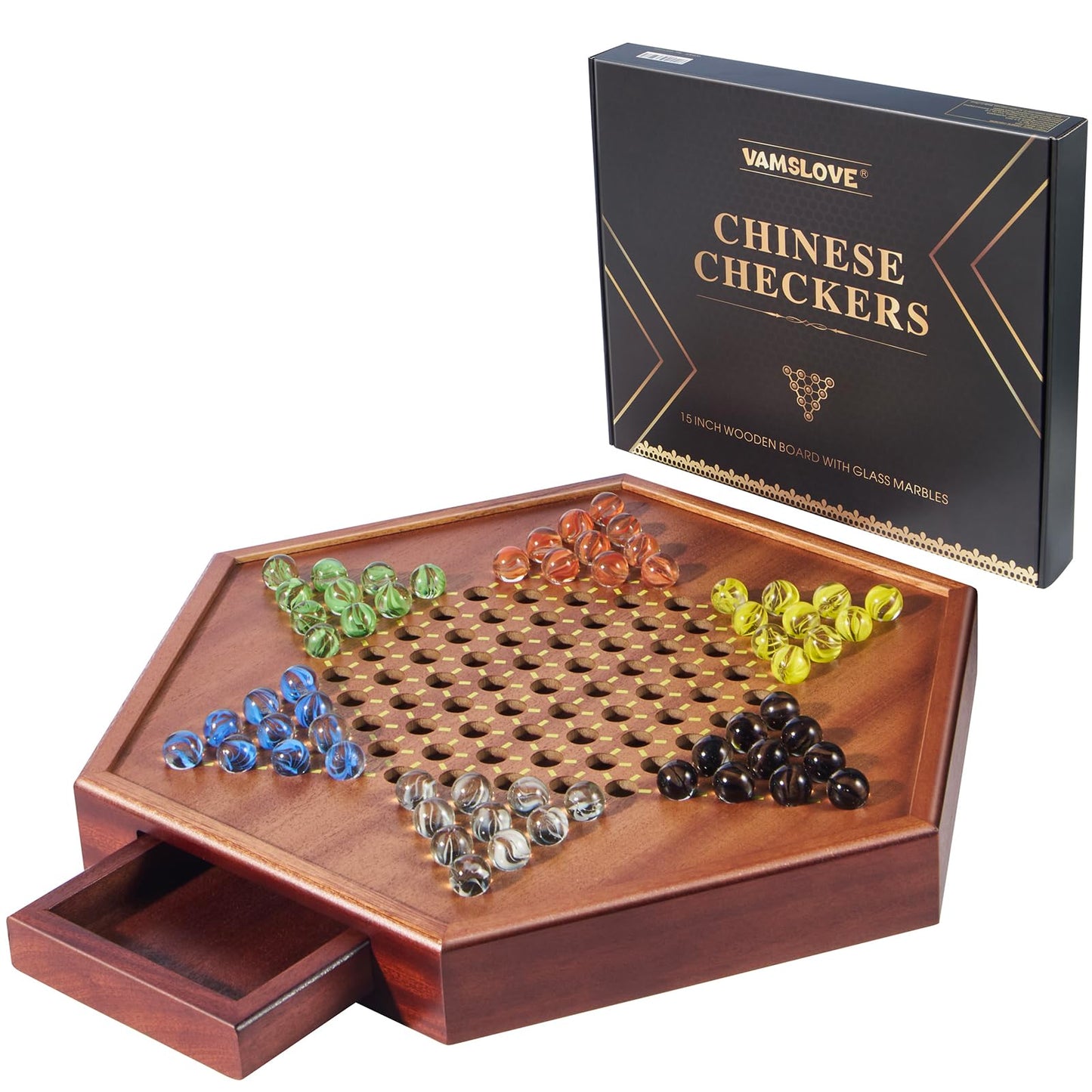 Vamslove Chinese Checkers 15' Large Upgraded Version Wooden Game Board, 16Mm 60+12 Colorful Glass Marbles, Easy Grasping For Adults And Kids, W/Storage Drawer, Fun For Family Gathering