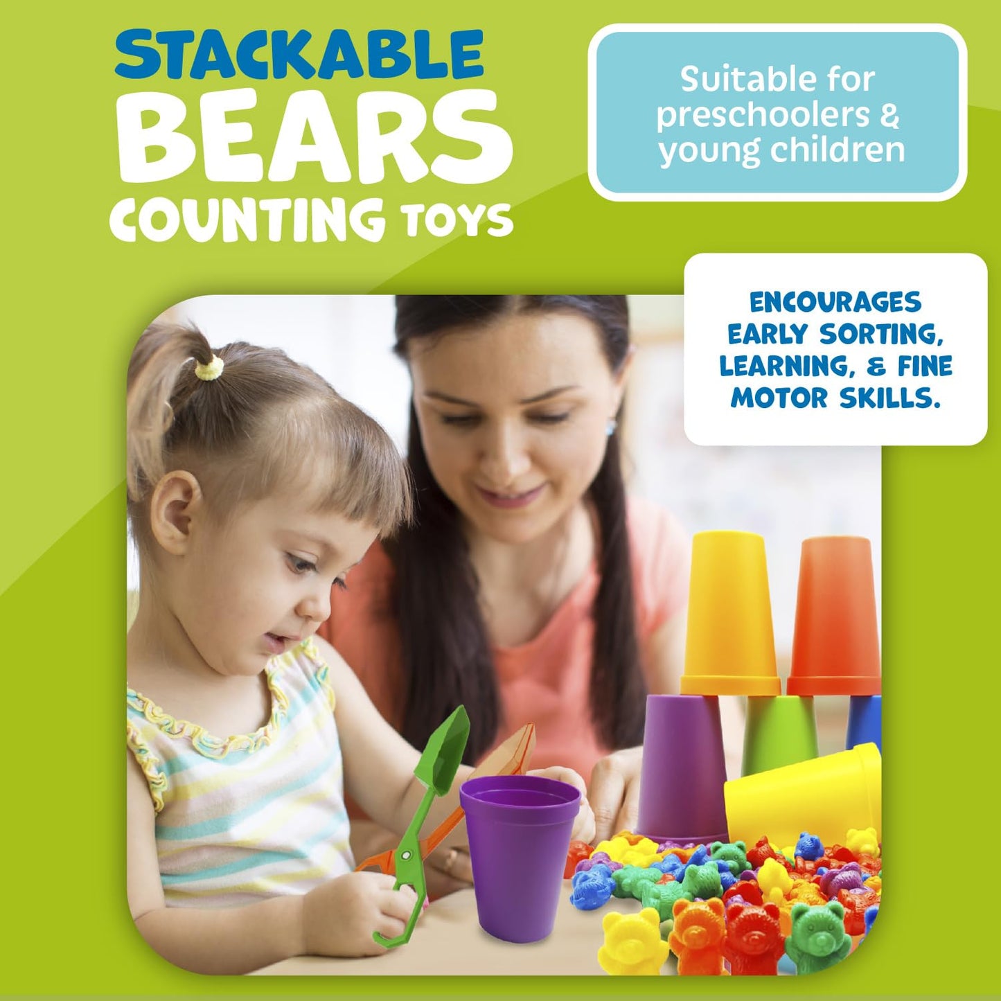 Skoolzy Rainbow Stacking Bears With Matching Sorting Cups 69 Piece Set, 60 Bear Counters, Scissor Tongs, Rainbow Cups, Storage Bag, Sorting Dice Game