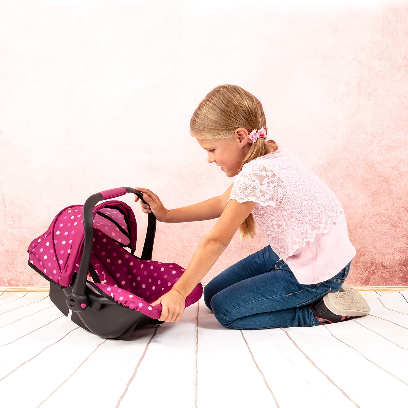 Bayer Baby Doll Deluxe Car Seat - Polka Dot Canopy, 46 cm, Pink, Model 67967AA, Plastic