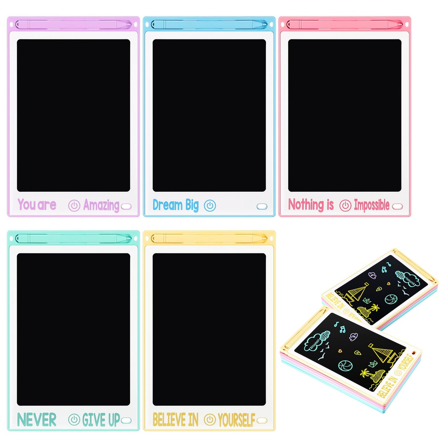 MotiMind 15 Pcs 8.5 Inch Inspirational LCD Writing Tablet Motivational Candy Color Doodle Board Drawing Tablet Erasable Reusable