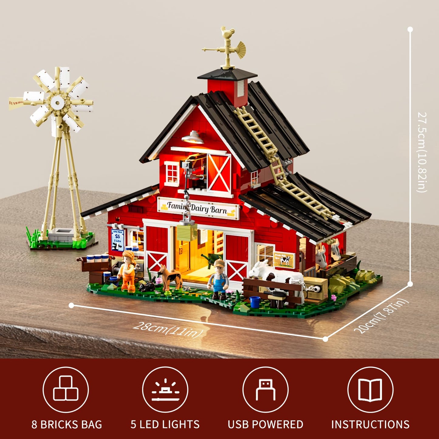 FUNWHOLE Farm Cow-Barn Lighting Set - 1368 Pcs LED Building Bricks for Adults & Teens - Red Plastic Model F9037