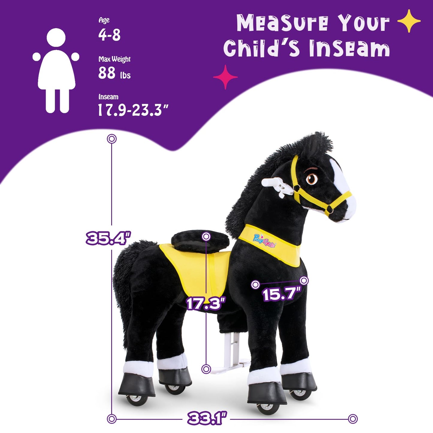Ponycycle Horse Ride On Toys For Kids Ride On Horse Spirit Toys Essential Model E, Size 4 For Kids Age 4-8/35.4' Height, Birthday Gifts Plush Animal Giddy Up Riding Toys Ride On Pony Animal Black E438