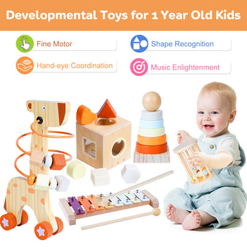 Smartwo Wooden Montessori Toys Set for Toddlers Wooden Toy Set for Babies Educational Object Permanence Box Xylophone(Glockenspiel) Stacking Rattle Birthday Gift for Boys Girls Ages 1 2 3 4 5
