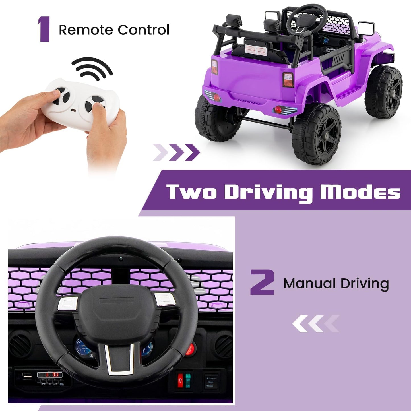 Olakids Kids Ride On Truck, 12V Electric Vehicle Jeep Car With Remote Control, Toddlers Battery Powered Toy With 2 Speeds, Spring Suspension, Double Open Doors, Led Light, Music, Tf, Usb, Mp3 (Purple)