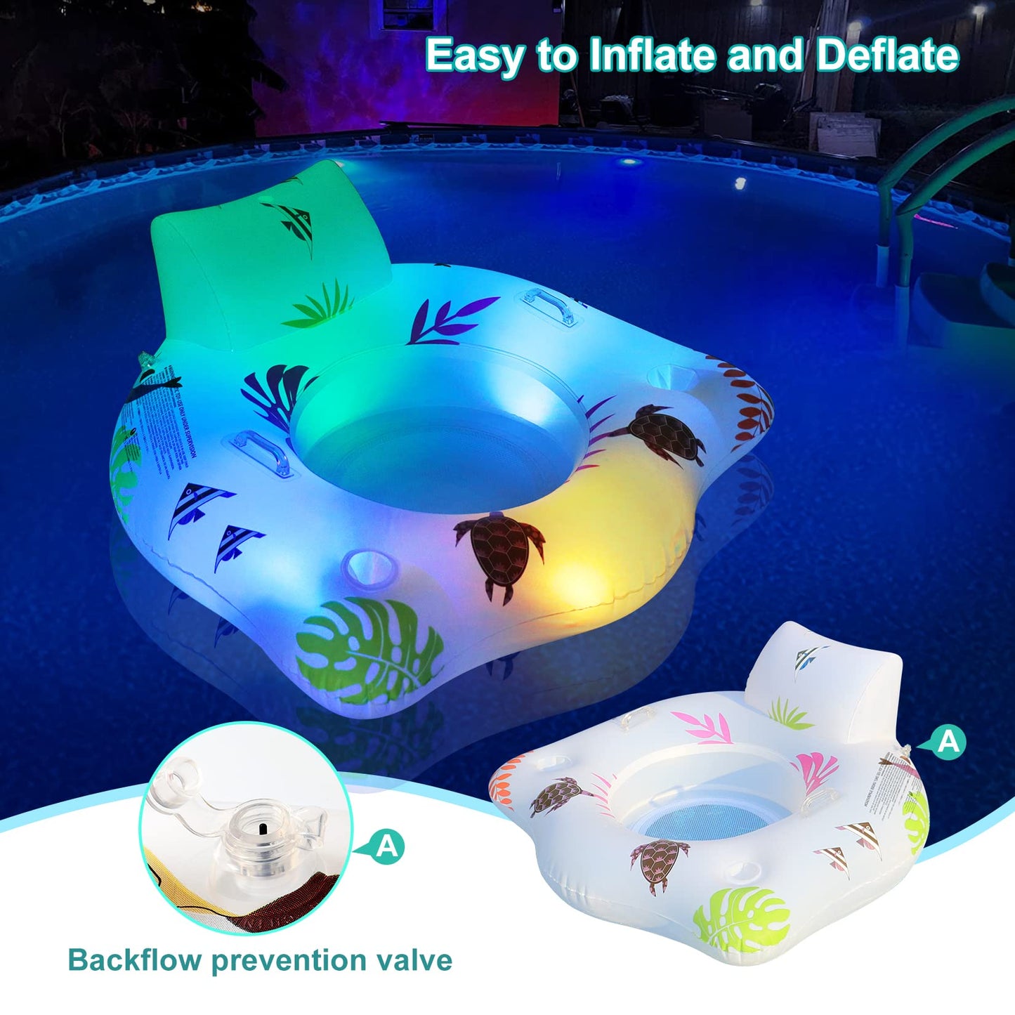 Deeprblu Inflatable Pool Floats Chair With Color Changing Light, Solar Powered Water Floats For Adults With 2 Cup Holders & 2 Ar