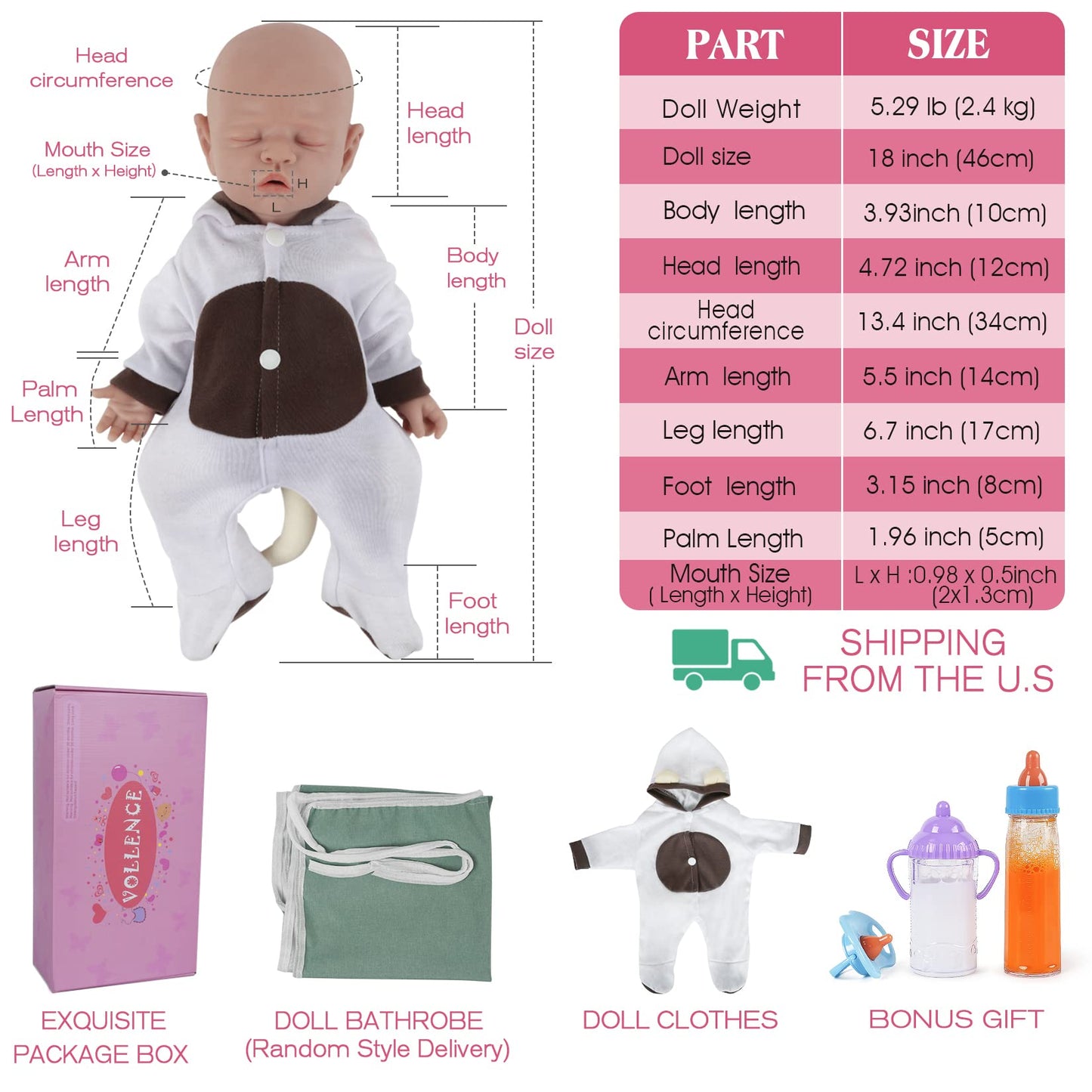 Vollence 18 Inch Full Silicone Baby Doll That Look Real,Eyes Closed Reborn Baby Doll,Real Baby Doll,Lifelike Baby Dolls - Girl
