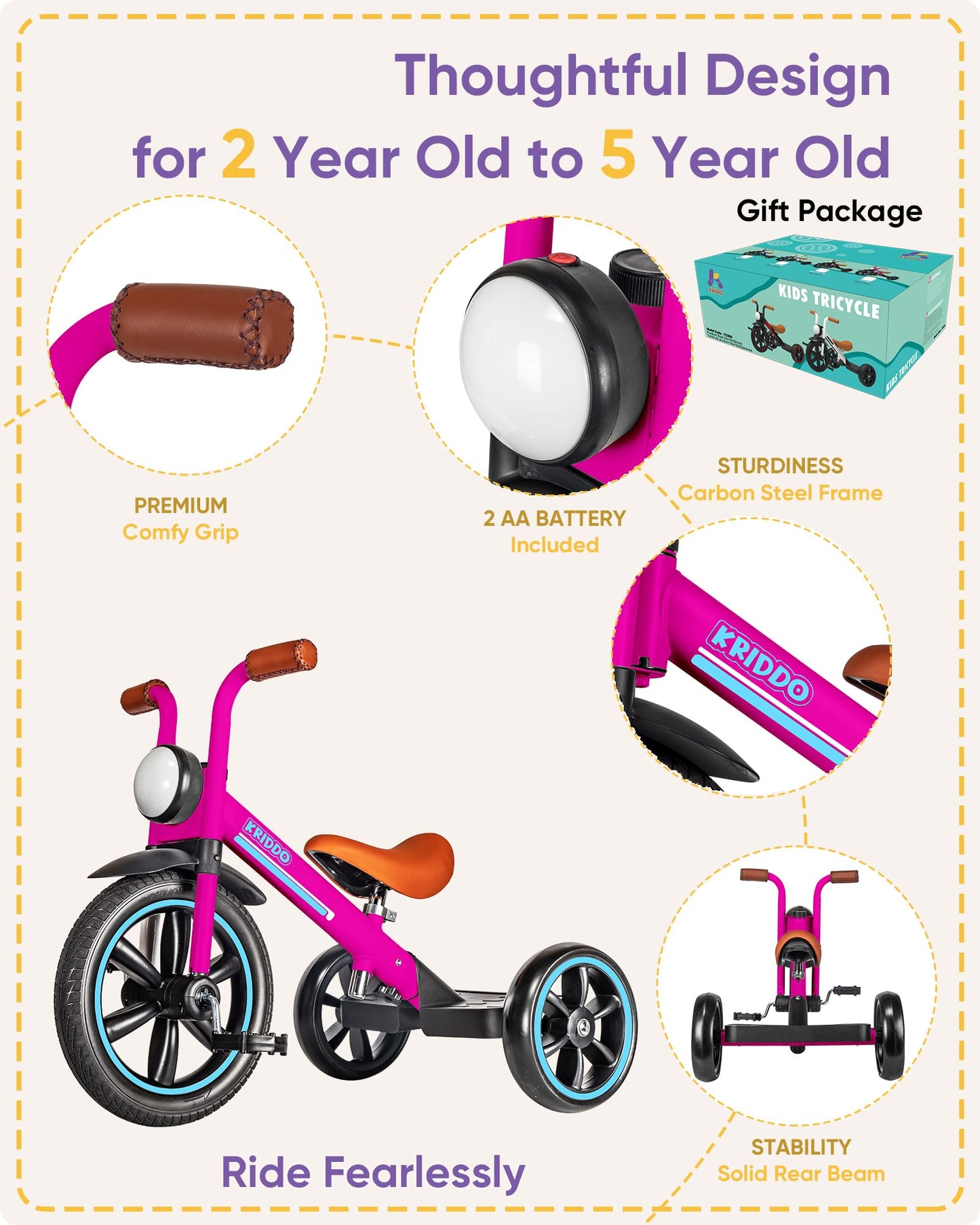 KRIDDO Kids Tricycle, 12 Inch Puncture Free Rubber Wheel w Front Light, Adjustable Seat Height, Gift for 2-5 Year Olds, Pink