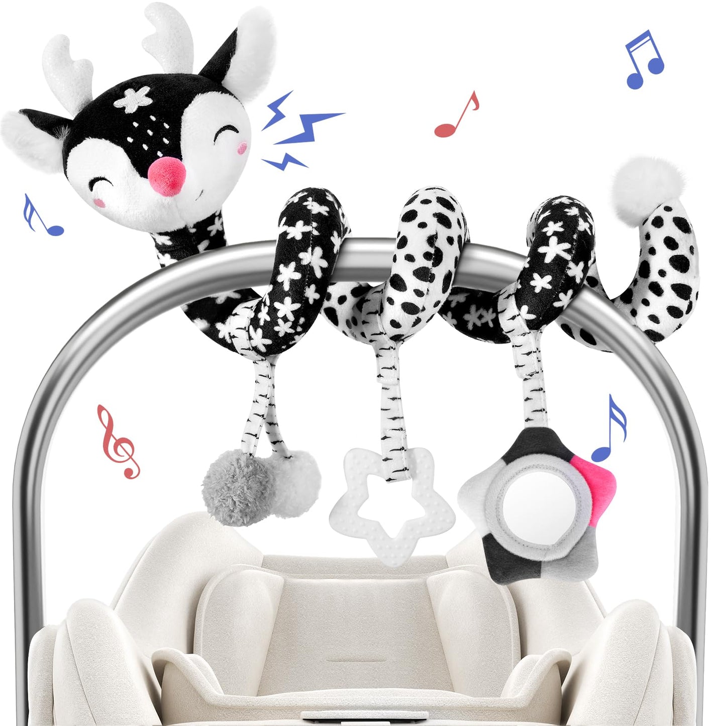 Car Seat Toys For Babies 0-6 Months Boy&Girl, Carseat Toys Hanging Black And White High Contrast Toy For Baby 0-3 Months, Spiral