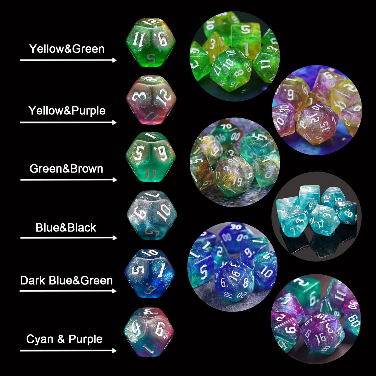DND Dice 7Pieces, Polyhedral Dice Set,Cyan&Blue Double Color Glitter Dice Set,D&D Dice Set for Dungeons and Dragons, RPG, MTG Ta