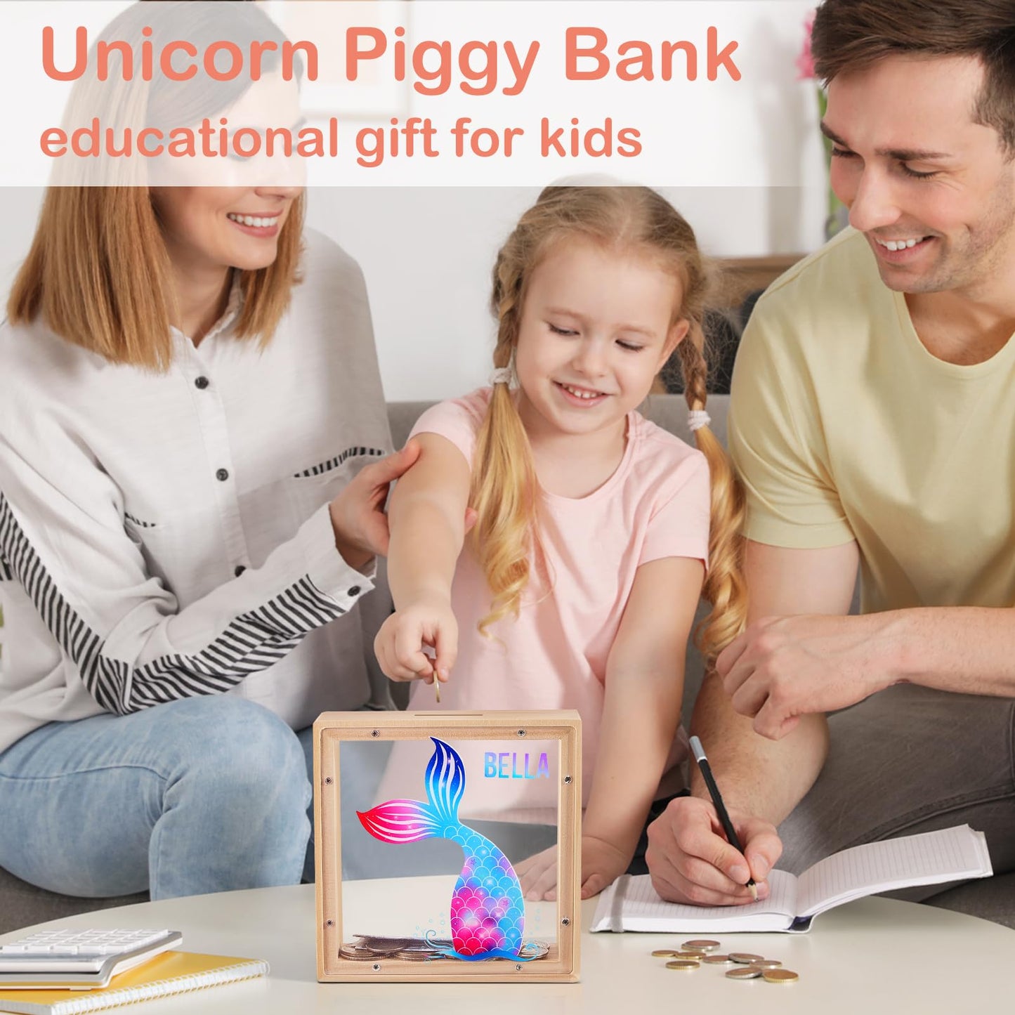 Piggy Bank for Kids, Wooden Money Coin Bank for Boys and Girls, Dinosaur Unicorn Piggy Banks with DIY Stickers for Birthday, Eas