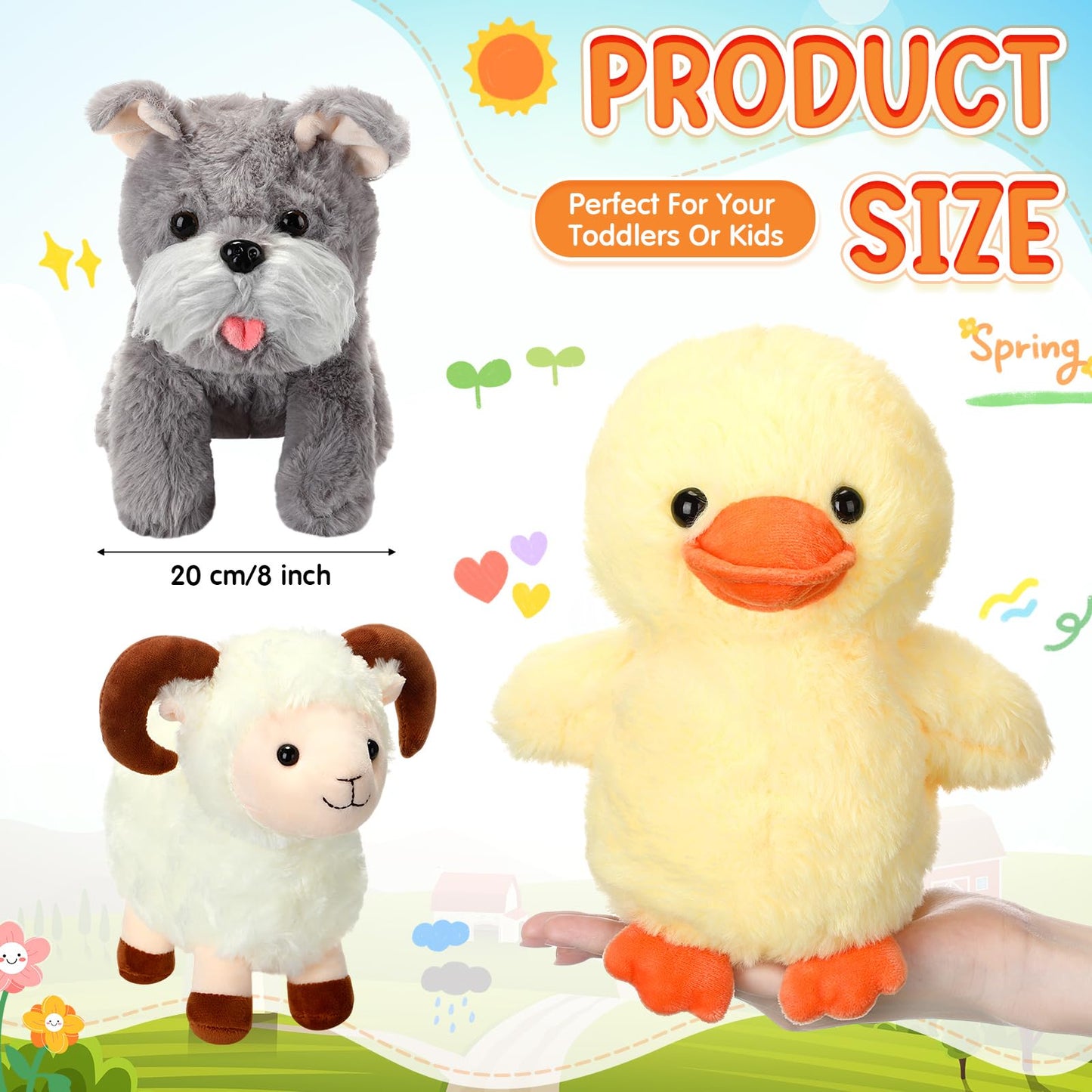 Hiboom 7 Pcs Farm Stuffed Plush Animals Toys Set 8 Inch Barnyard Stuffed Animals Bulk Soft Pig Rooster Horse Duck Sheep Cow Dog