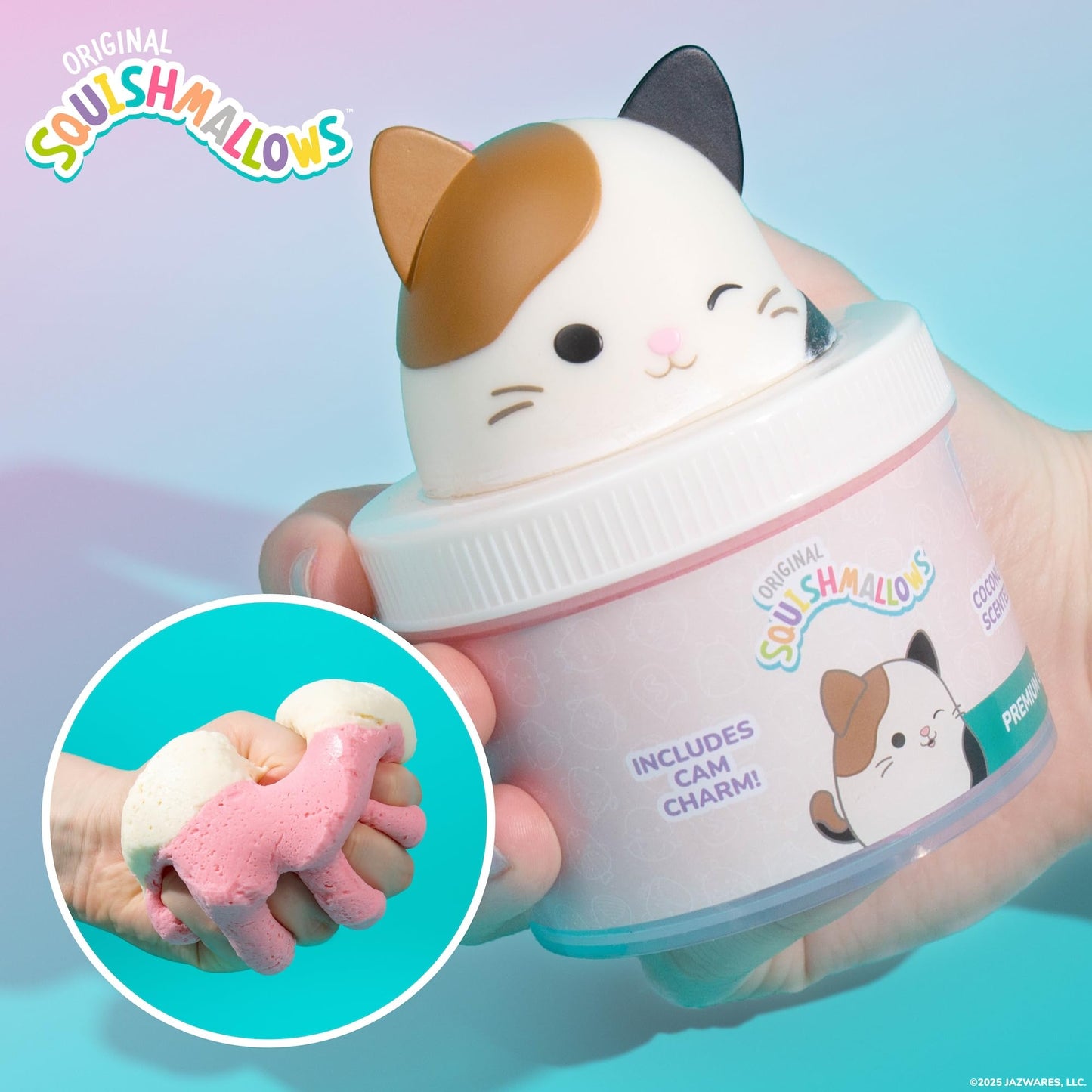 Squishmallows Cam The Cat Cloud Slime, Coconut-Scented, 8 oz, Multi Color, 15 inches, Includes Figurine Topper & Rubber Charm