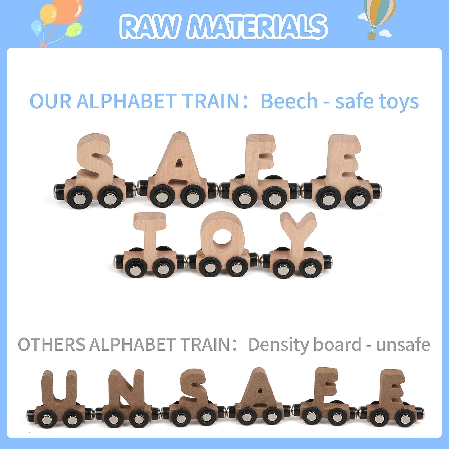 Wondertoys Wooden Alphabet Train Toy 27 Pcs Magnetic Alphabet Abc Letter Train Set Includes 42 Pcs Flash Cards, 1 Engine And 1 Storage Box For Toddlers Kids Boys And Girls