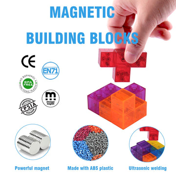 WorWoder Kids Magnetic Building Blocks Magic Magnetic 3D Puzzle Cubes, Set of 7 Multi Shapes Magnetic Blocks with 54 Guide Cards