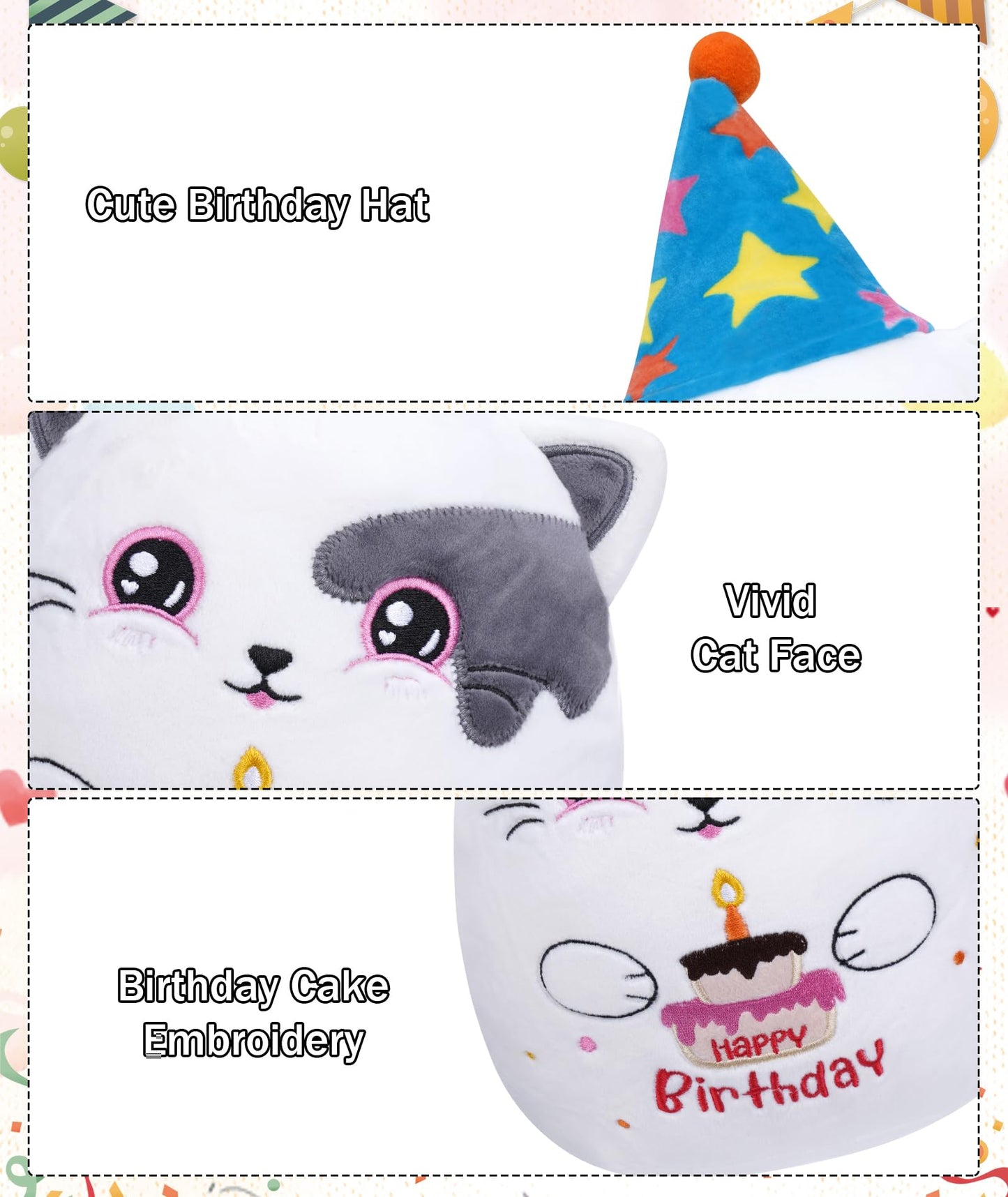 Birthday Stuff Cat Plush Gift - Adorable Blue White Cat Stuffed Doll, Cute Birthday Hat And Cake, Soft Huggable For Kids' Gifts,