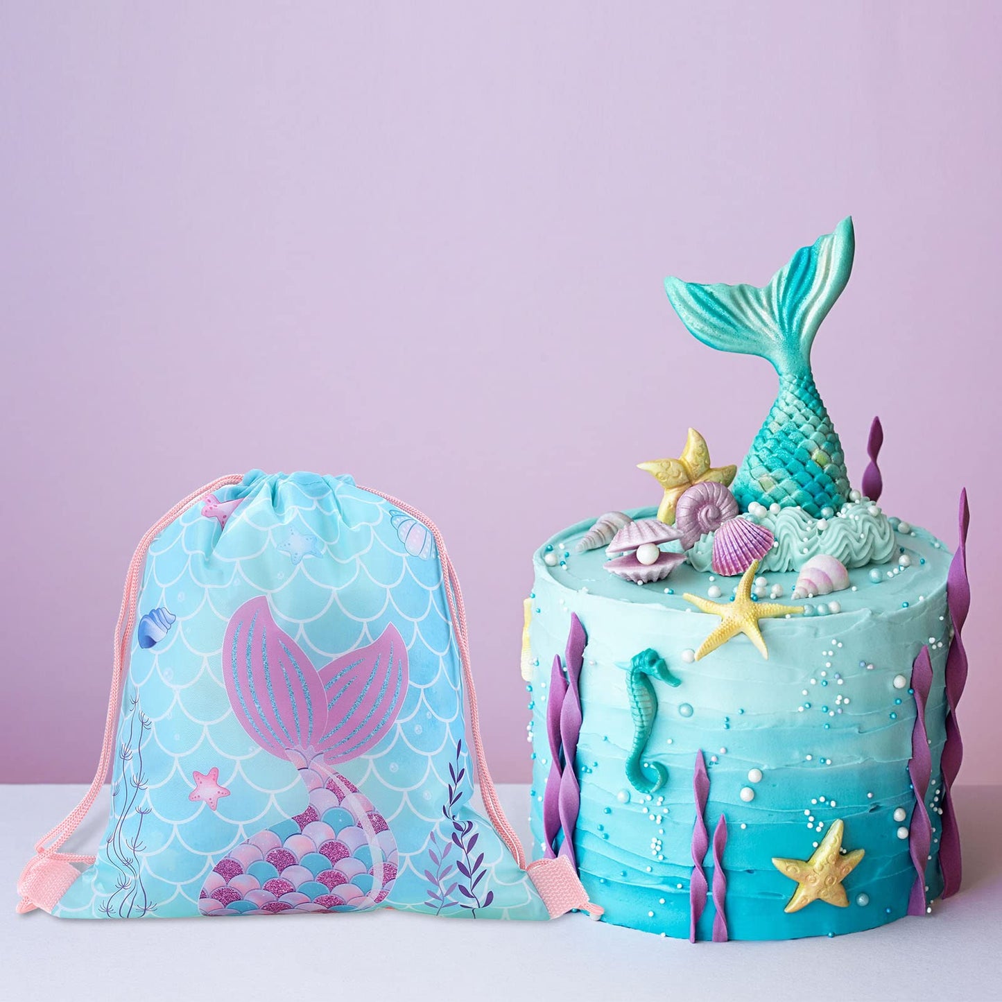 Clabby 16 Pcs Mermaid Party Favor Bags Mermaid Drawstring Bag Candy Gifts Sacks Backpack Bulk Birthday Fish Goodie Bags Under th