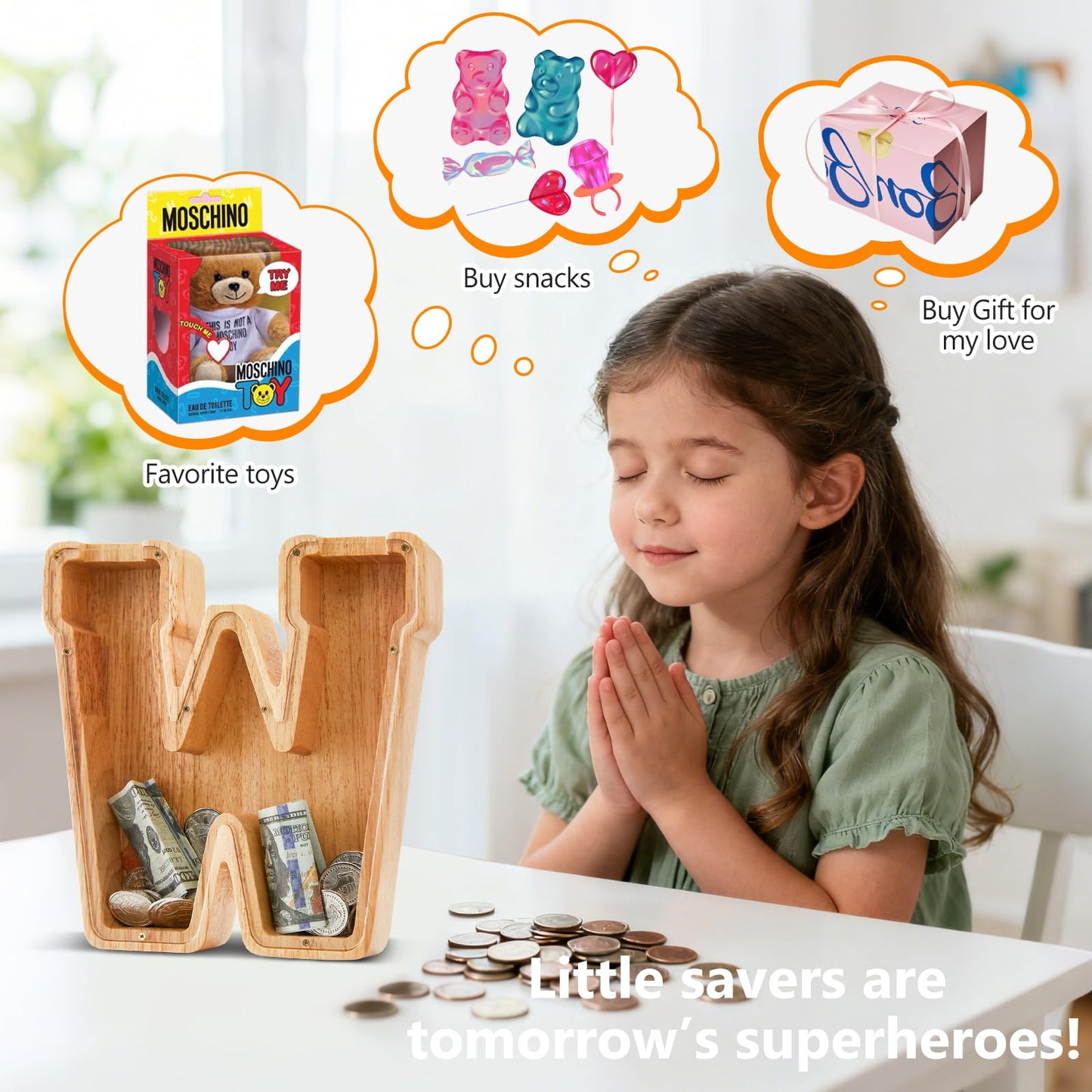 Wooden Letter Piggy Bank for Kids Initial Coin Bank for Boys and Girls First Name Personalized Savings Bank for Birthday Boys Girls Gift Piggy Bank for Kids (Wood S9-W)