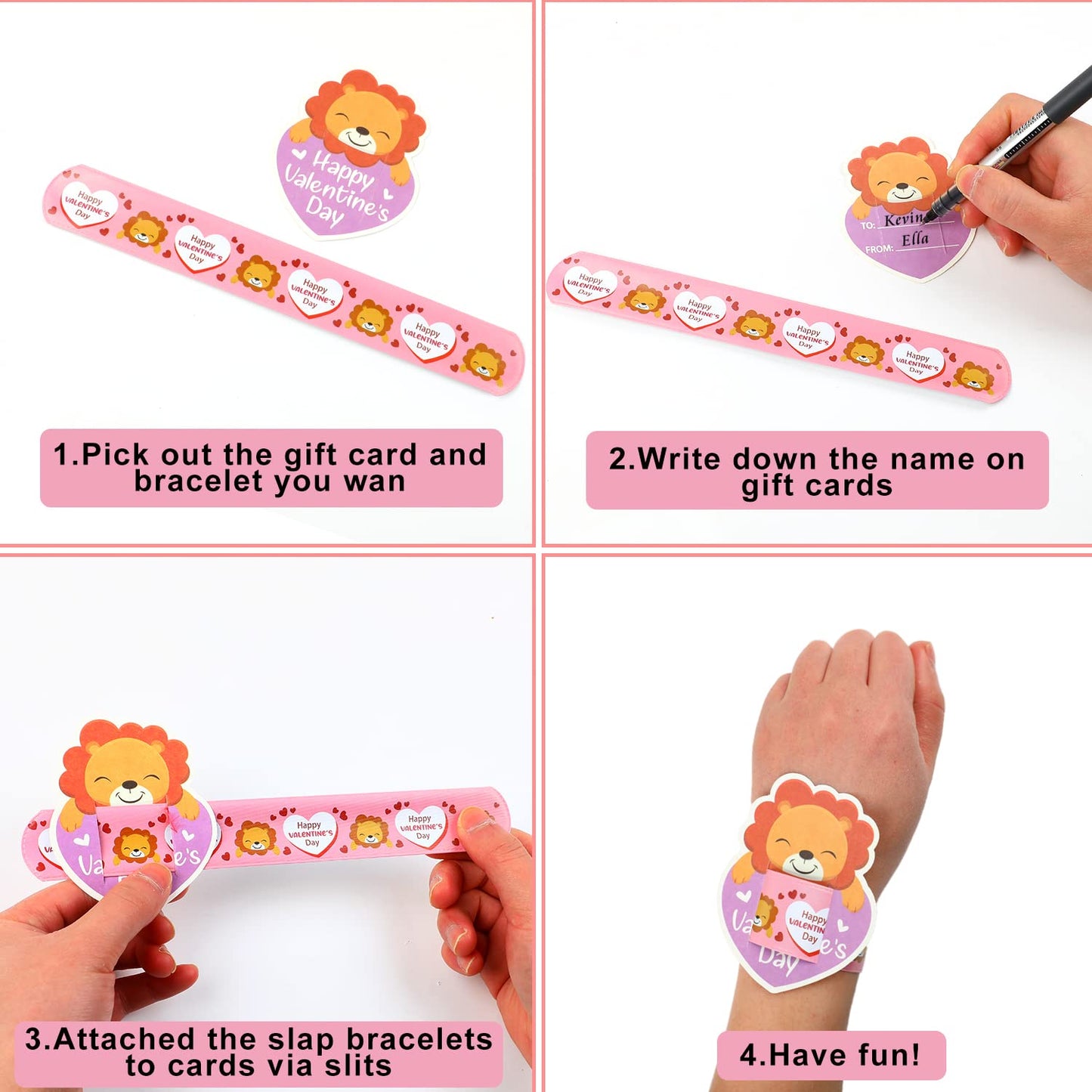 FOIMAS Valentine's Day Slap Bracelet Set,32pcs Animal Heart Snap Bracelet Wristband and 36pcs Gift Cards for Kids School Classro