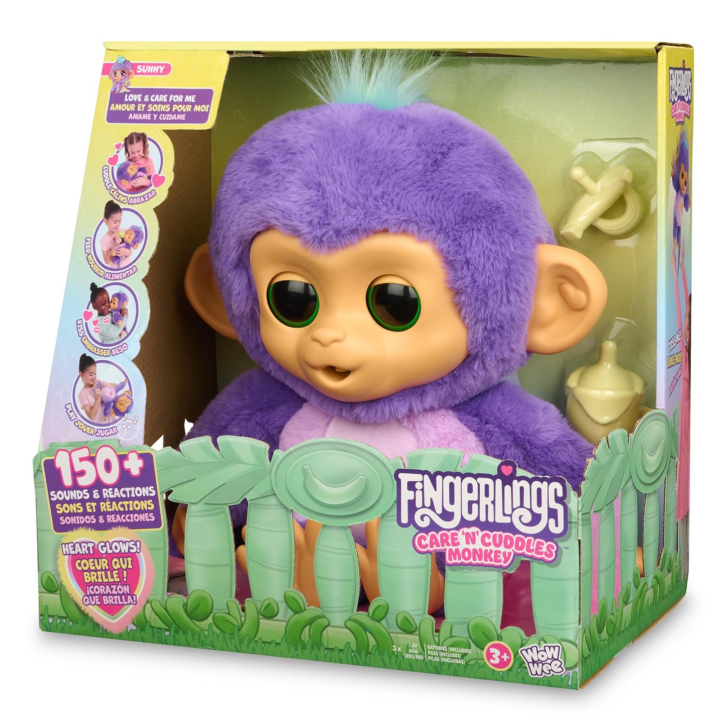 Fingerlings Care ‘N’ Cuddles Interactive Baby Monkey, Sunny (Purple), Toys For 3 Year Olds, 150+ Sounds And Reactions, Heart Lights Up