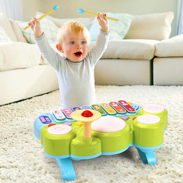 AugToy Baby Musical Toys 3-in-1 Piano Keyboard Xylophone Drum Set - Green, Plastic - Ideal for Toddlers 1-3 Years, Birthday & Easter Gift
