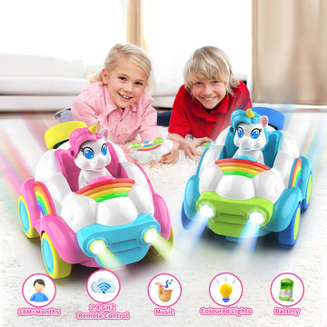 Hangrui 2 Pack Remote Control Cars, Unicorn Toys for Ages 2-6, Toddler 2.4Ghz RC Cars with Colored Lights, Music and Sound, Chri